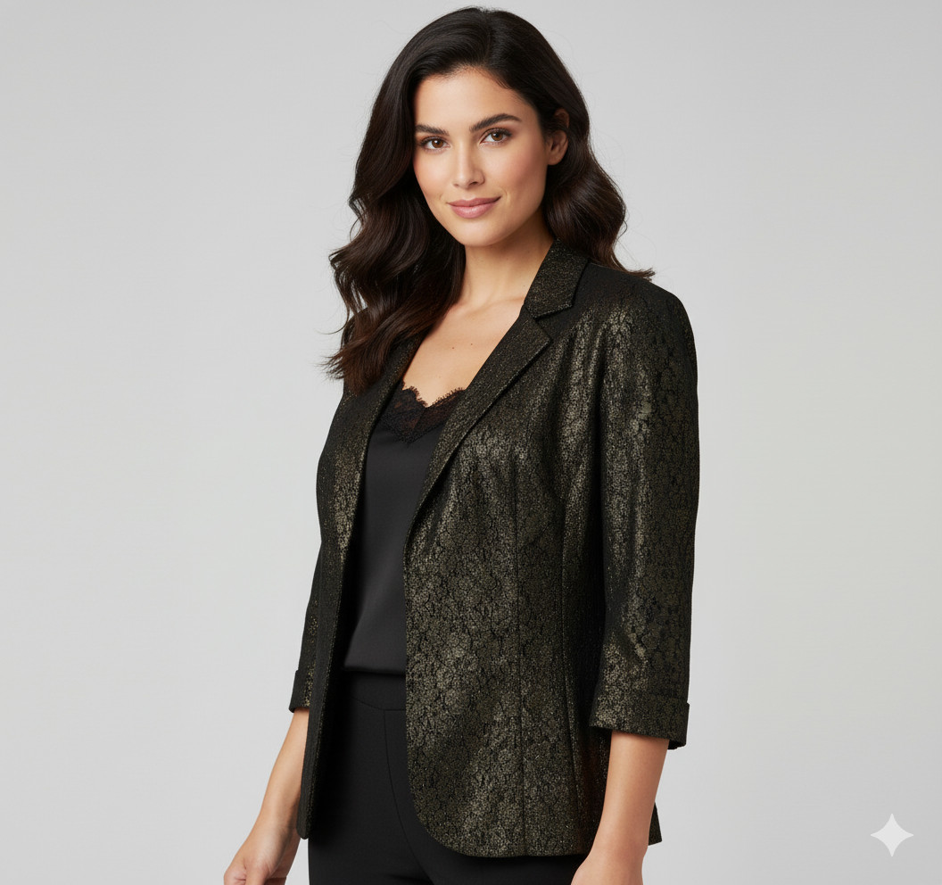 Vintage Alberto Makali Metallic Lace Blazer 8 M Black Gold Formal Party Holiday