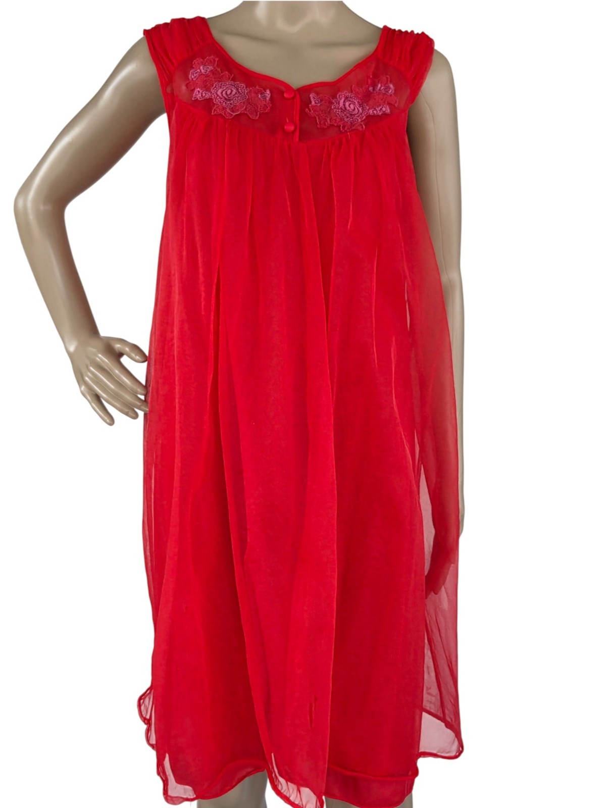 VTG Pandora by Chic Peignoir Negligee Robe & Nightgown Medium Nylon Red 2 Pc Set