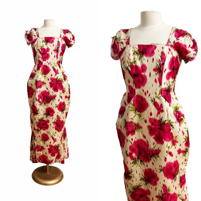 1950s Couture Gown / 1950s Floral Gown / 1950s Evening Dress / Size Small – Med