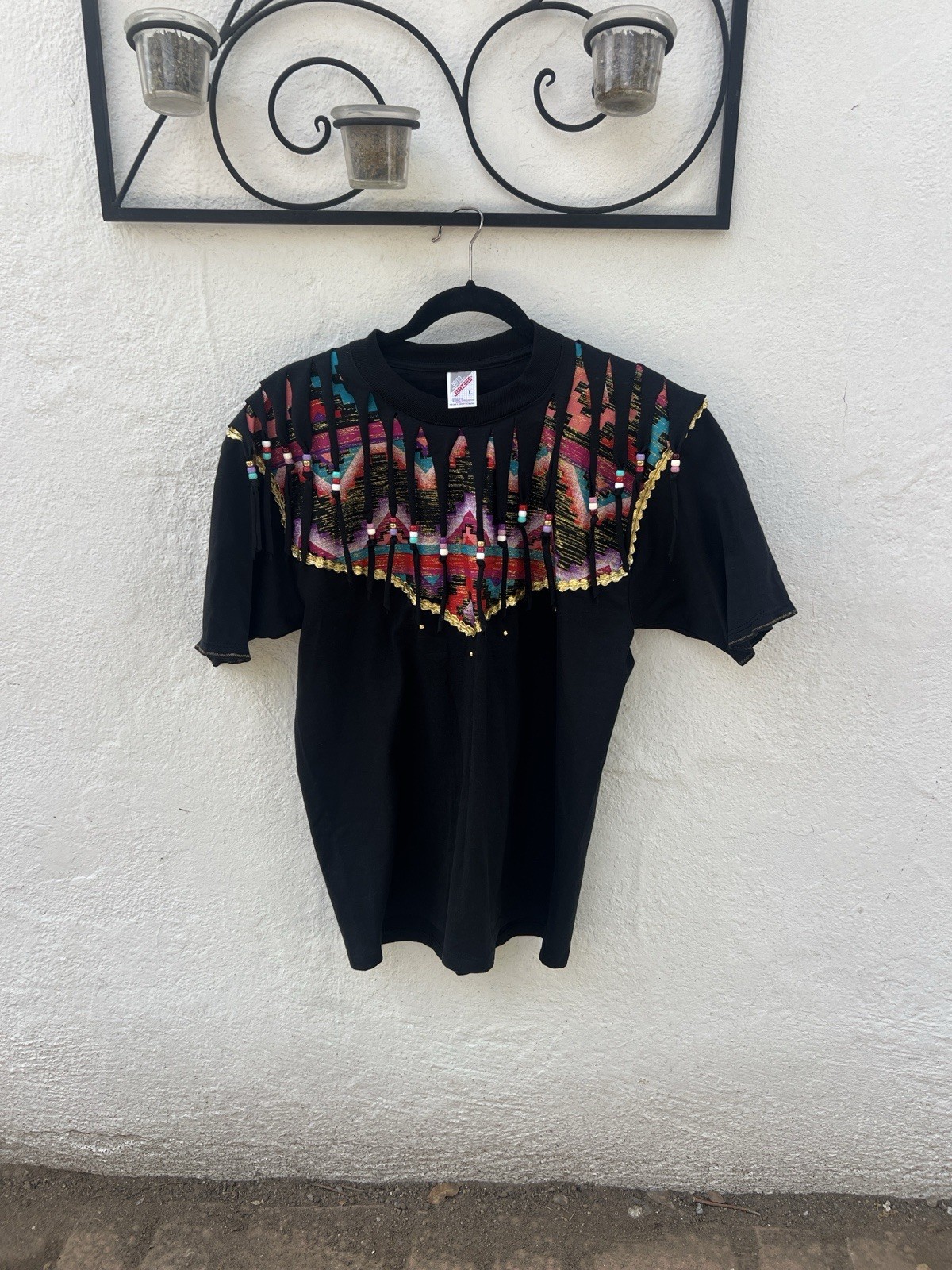 VINTAGE JERZEES SOUTHWEST Print FRINGE Rockabilly Tee Shirt COWGIRL USA.size L