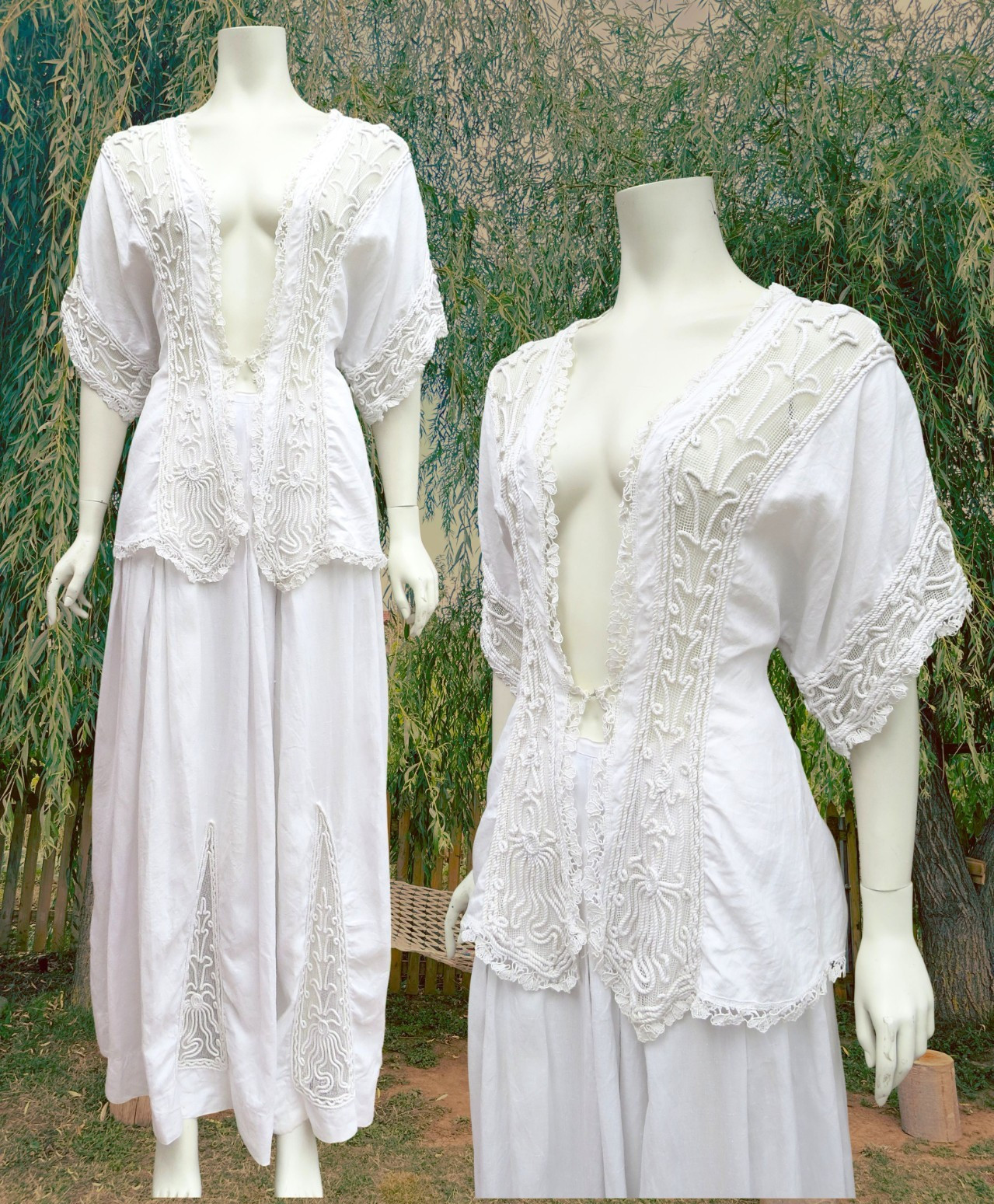Antique Edwardian 2 Pc Linen Walking Rope Soutache Ivory Dress Skirt Gown S