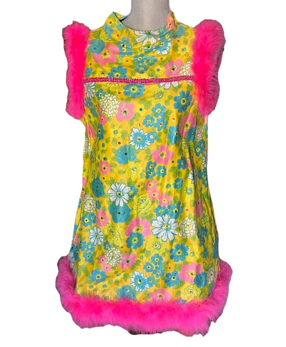Vintage 60s Fabric Dress Psychedelic Fashion Sequins Feathers GoGo DAY GLO Mod