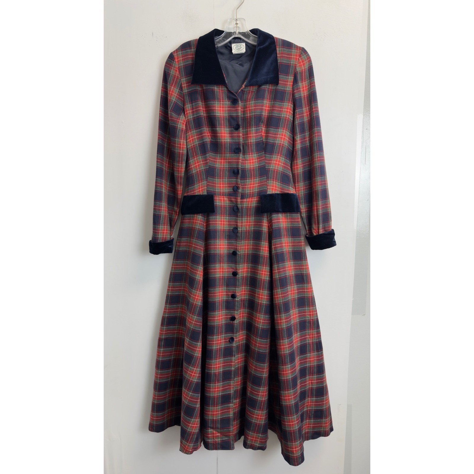 Laura Ashley Vintage Sz 4 Plaid Wool Blend Velvet Trim Dress Coat /Riding Jacket