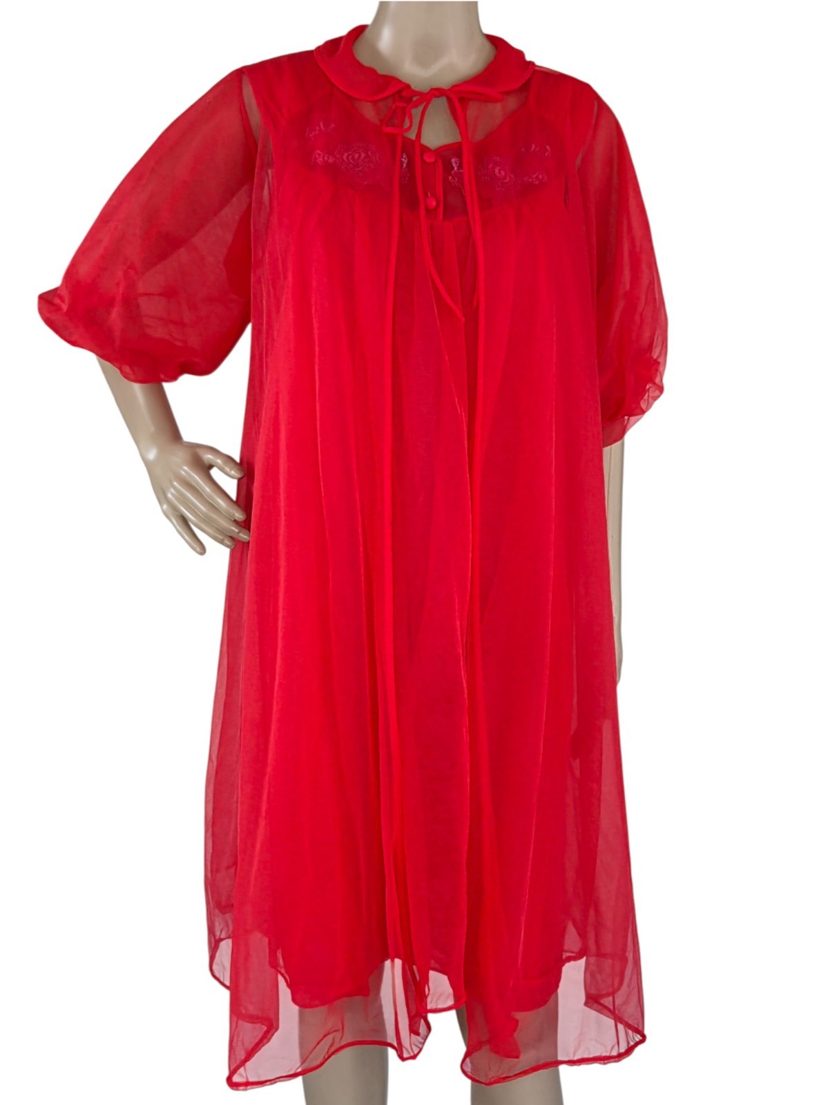VTG Pandora by Chic Peignoir Negligee Robe & Nightgown Medium Nylon Red 2 Pc Set