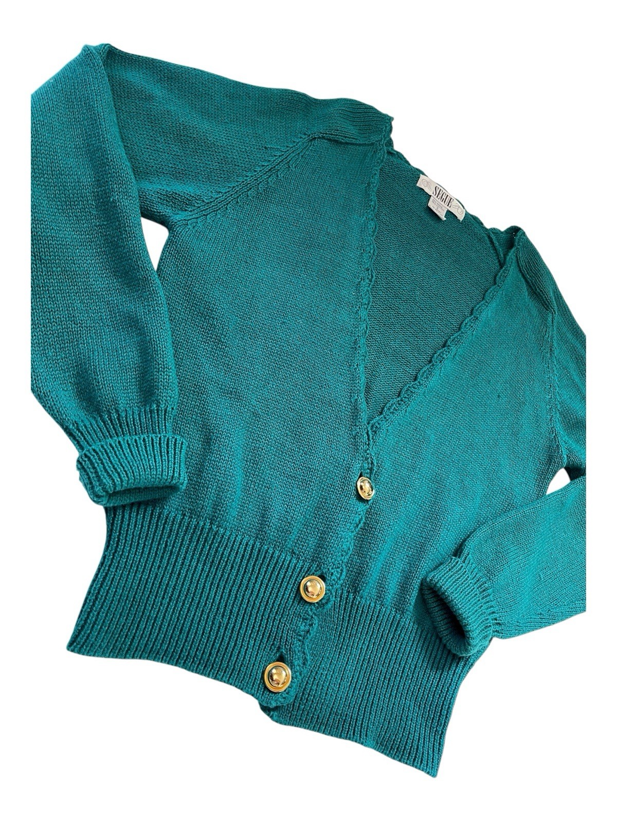 Vintage Segue Knitted Cardigan Sweater Emerald Green Scalloped Edges Gold Button