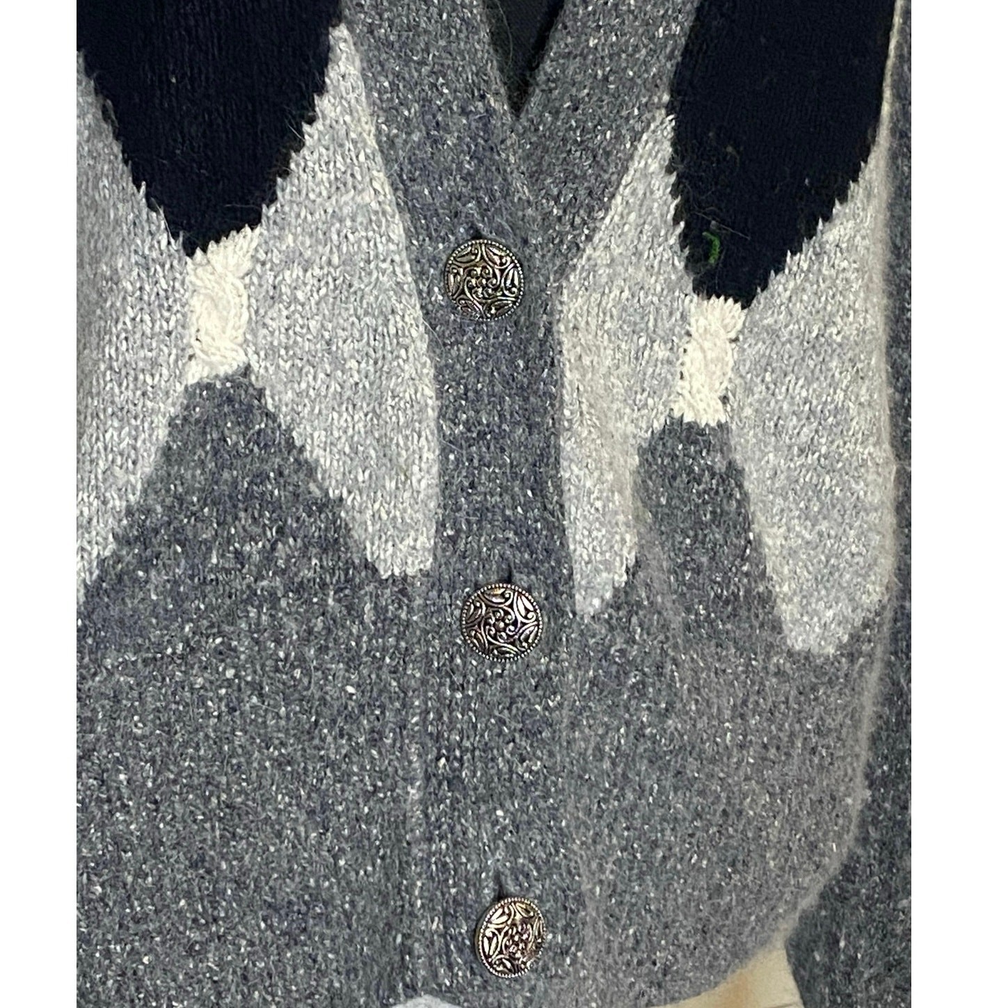 Vtg Segue Silk Angora gray,white, black wearable art cardigan Hong Kong M Women