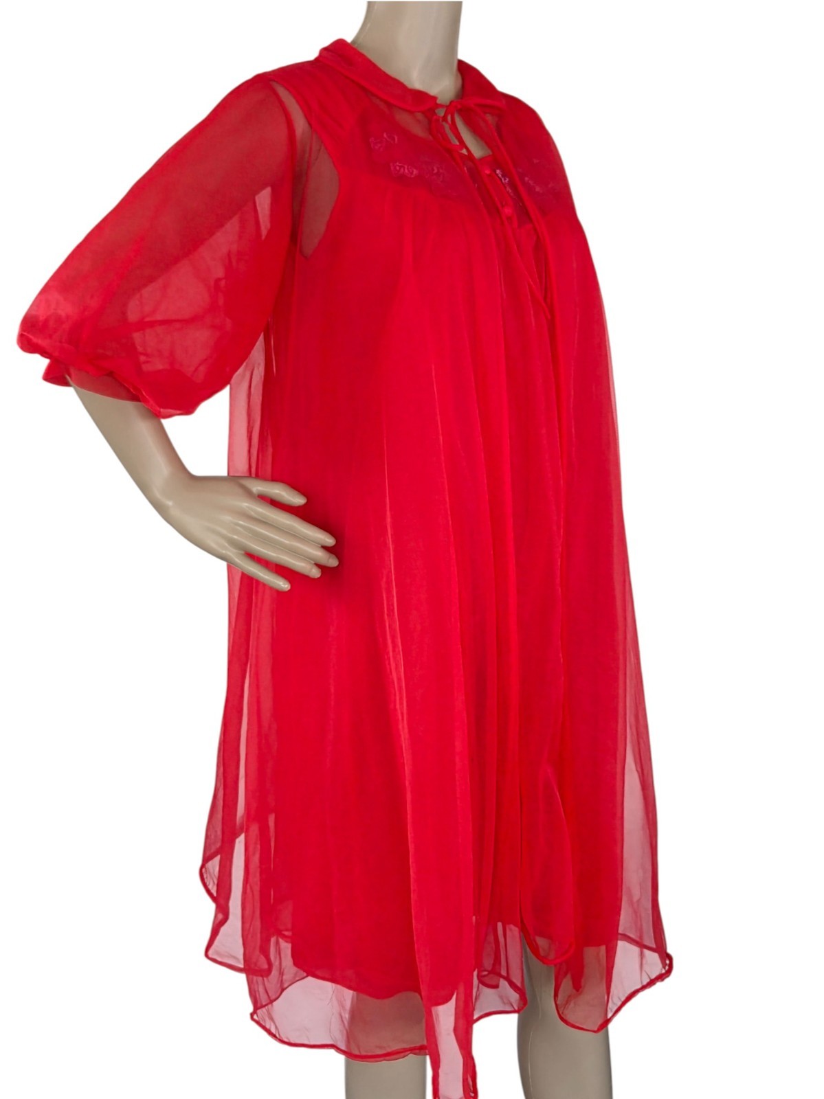 VTG Pandora by Chic Peignoir Negligee Robe & Nightgown Medium Nylon Red 2 Pc Set