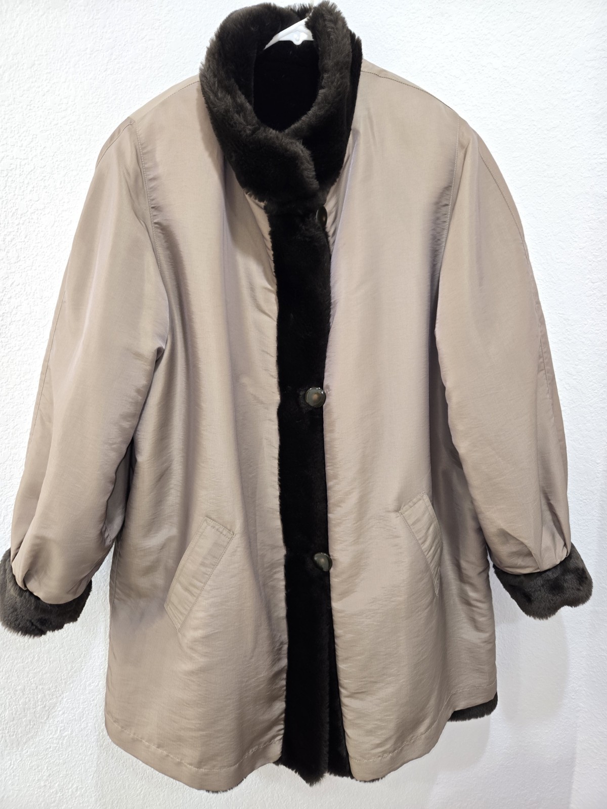 Vintage 1960s J. Percy Reversible Taupe/Dark Brown Faux Fur Swing Coat, Sz Large