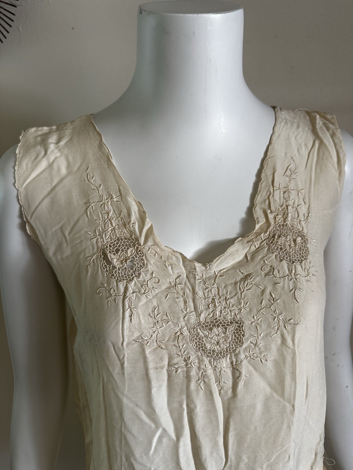 1930s Ivory Rayon Crepe Slip Dress AS-IS Filet Lace Embroidered Pocket DAMAGED