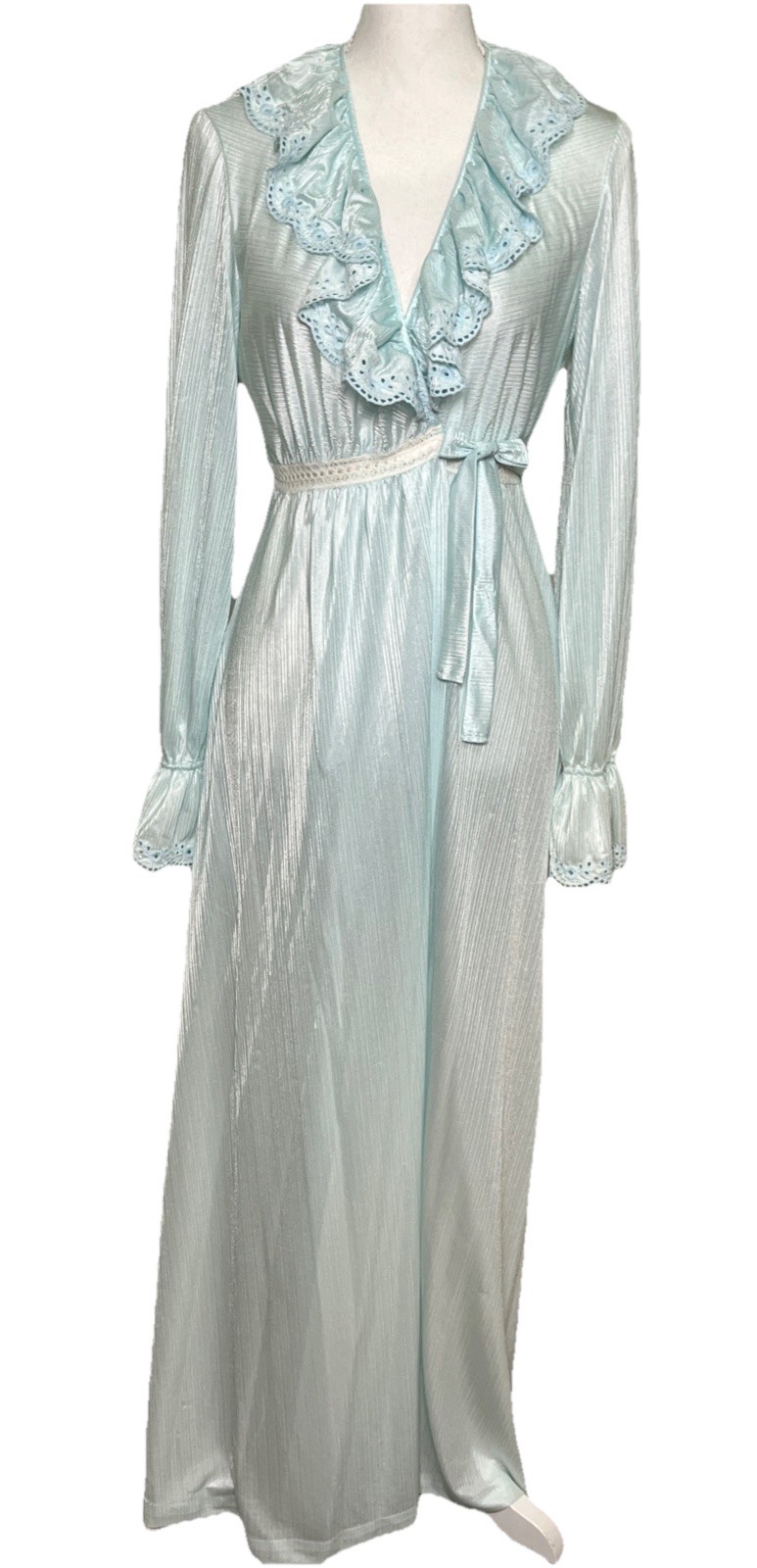 Vintage Miss Elaine Blue Peignoir Robe Ruffle Lace Trim High Waist 1960s Size M
