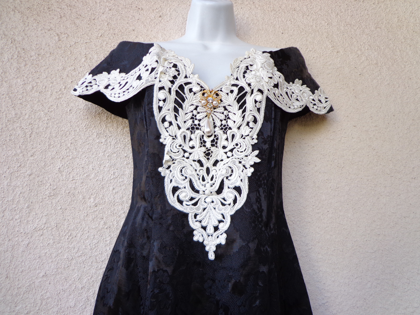 VTG 90s PROM DRESS Cocktail Party MINI Jeweled Accent Black Satin Brocade LACE