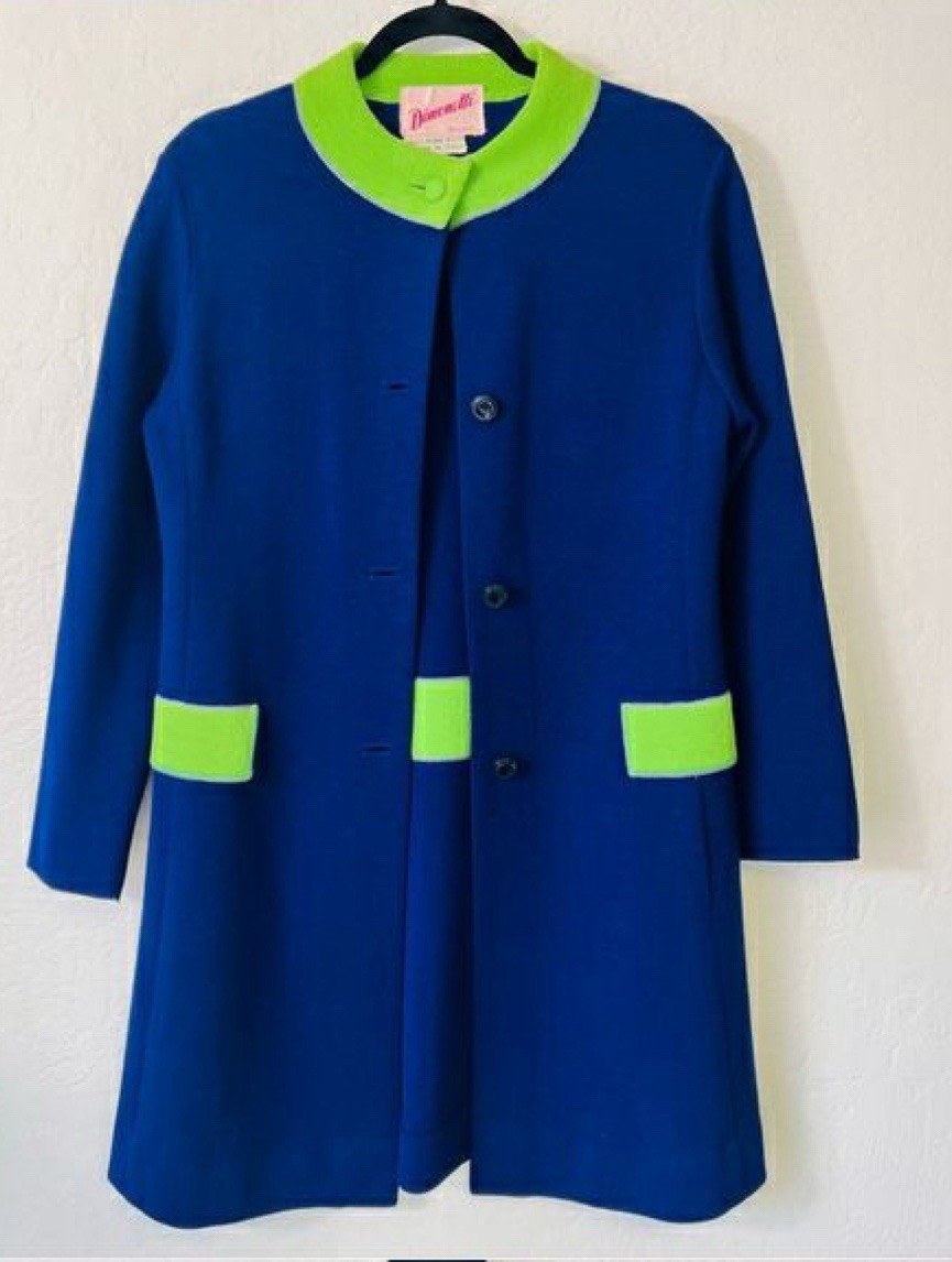 VTG Dimonelli Blue Wool L/S Duster Coat Green Accents Retro Mod 1960s Size 10