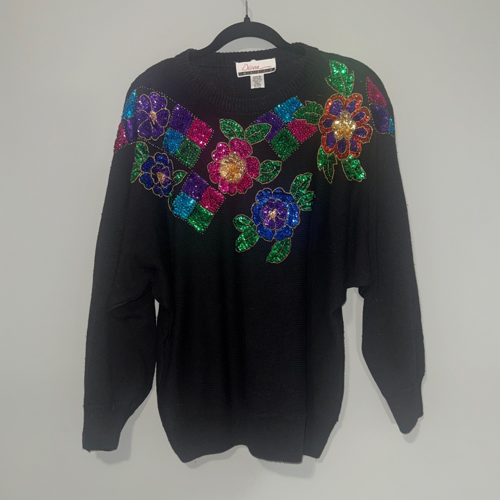 Vintage Diana Marco Black Sequin Floral Sweater Womens 22W Plus Size Retro 80s