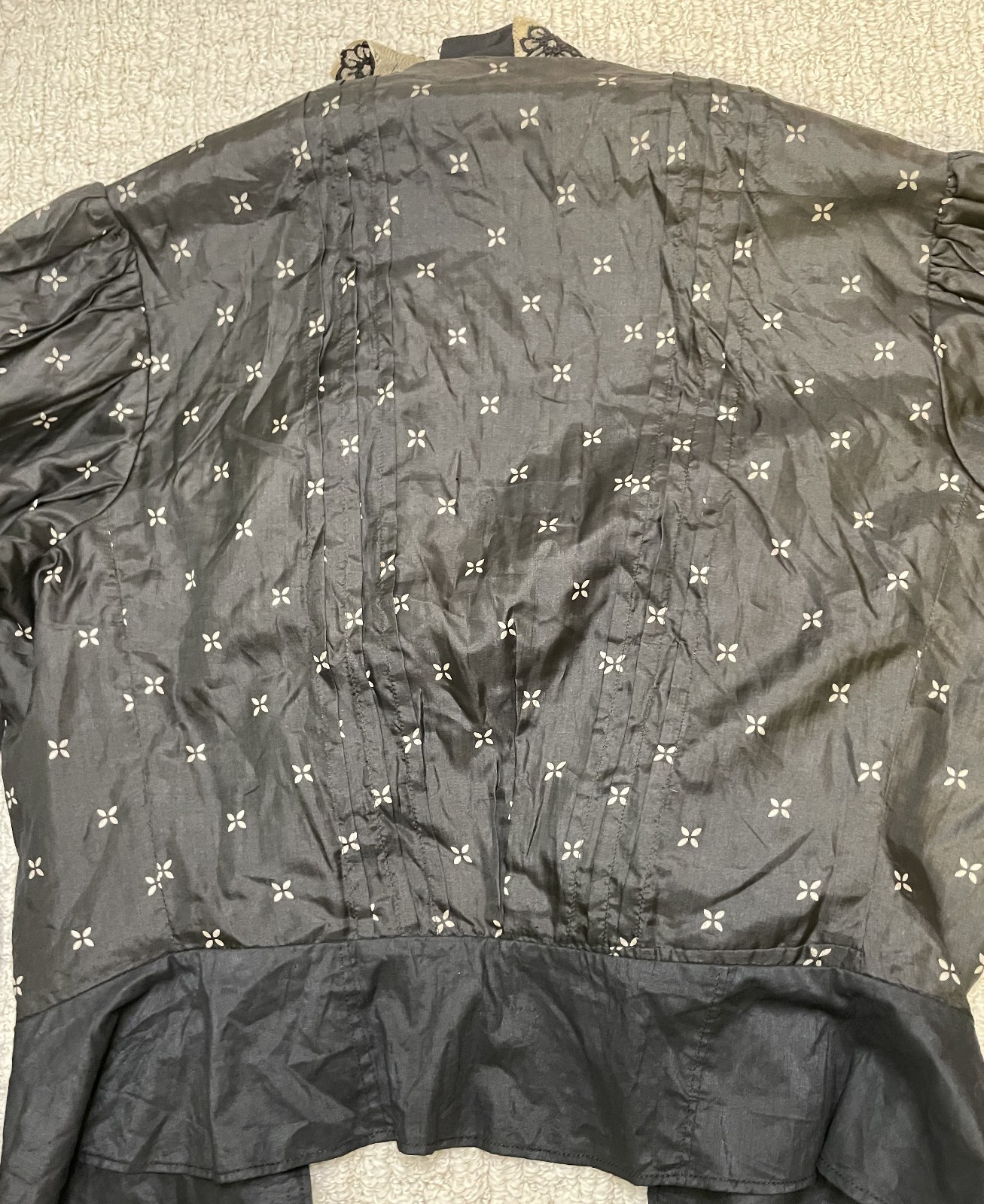 Antique Victorian Black Silk Top Blouse S Bodice Bishop Sleeves Lace Trim Peplum