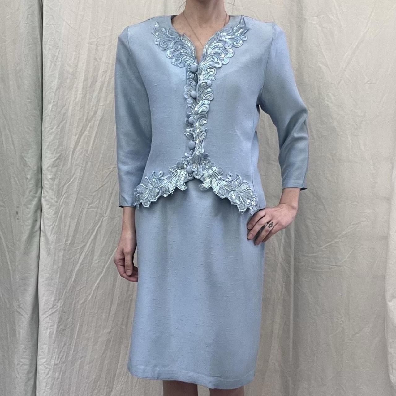 Powder Blue Shantung Skirt And Sequined Jacket Set Vintage 80s Size S/M Zeeba NY