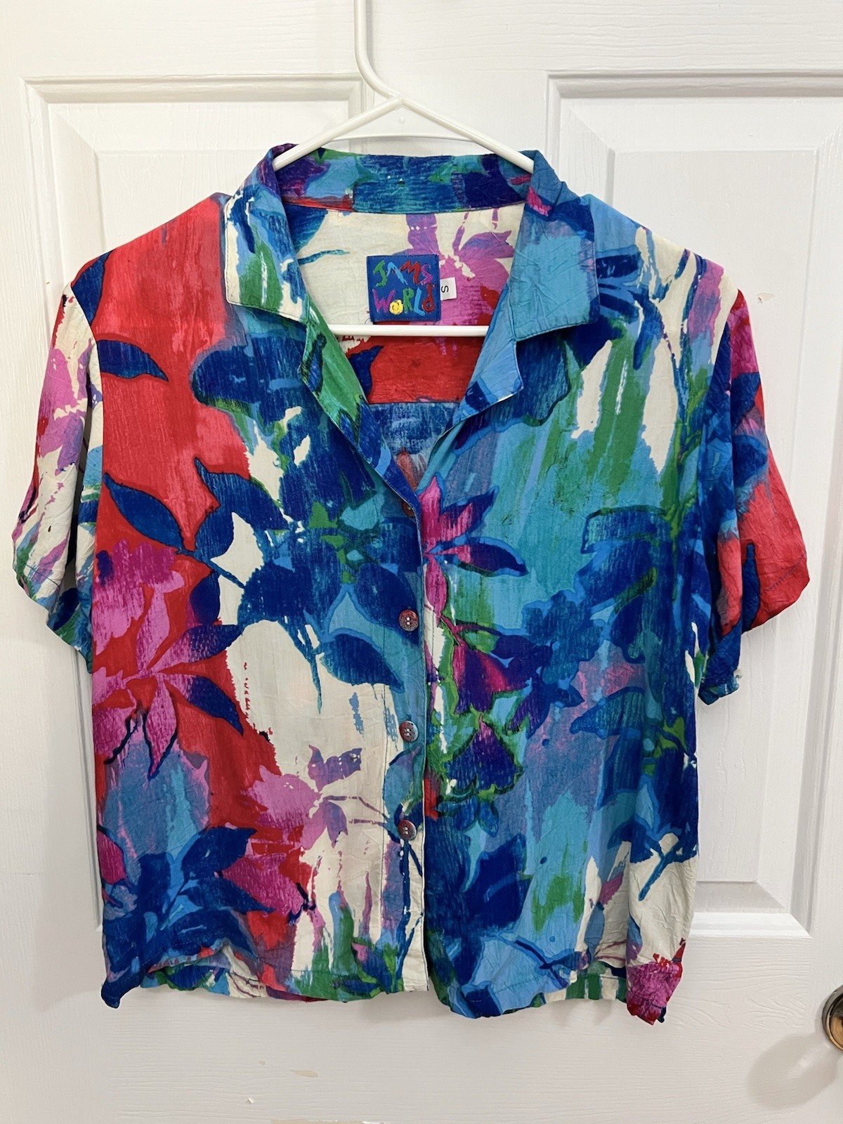 Vintage Jams World Hawaiian button-up vibrant tropical print Size Small Crop Top