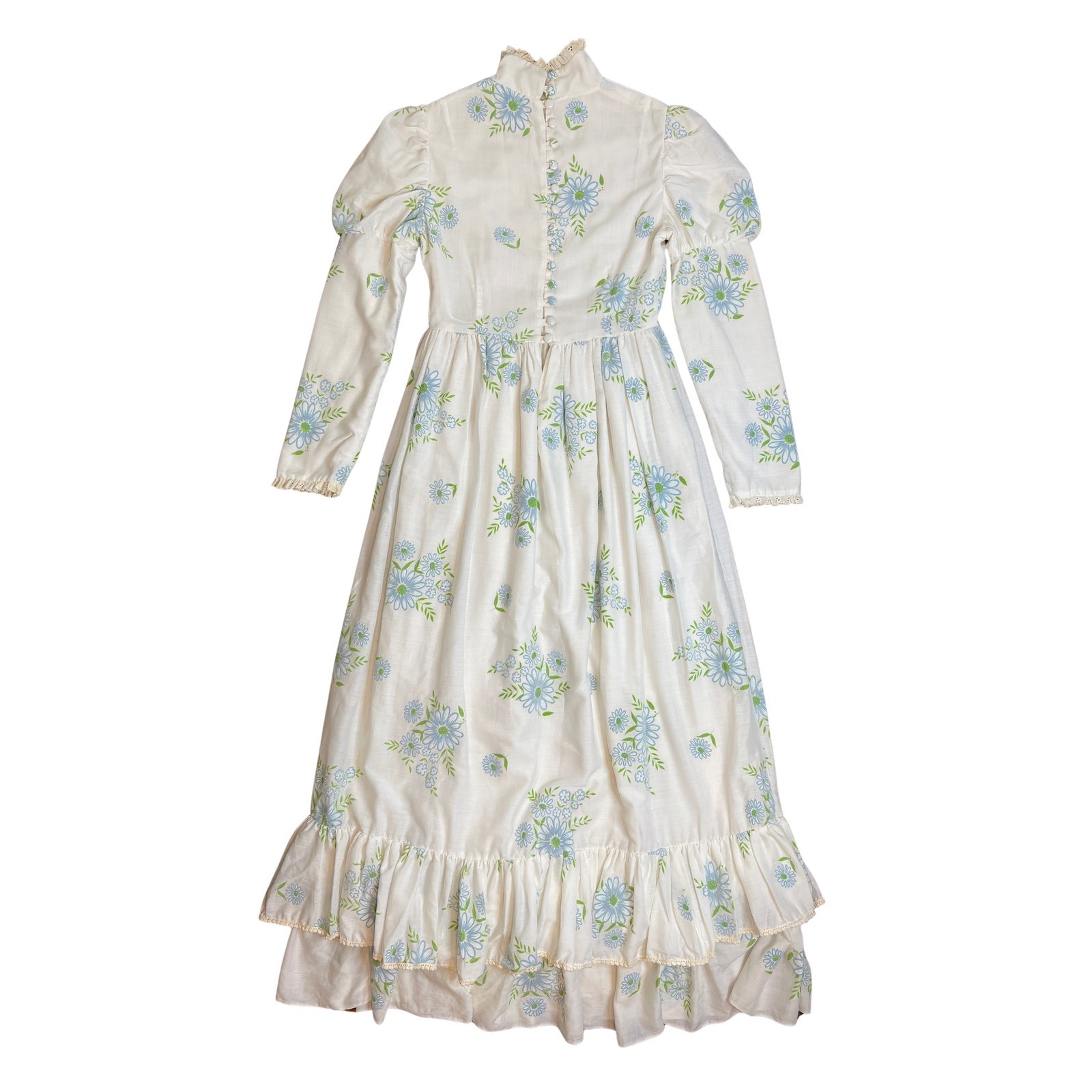 Vintage Prairie Dress White Blue Floral Puff Sleeve Lace Trim Maxi XS