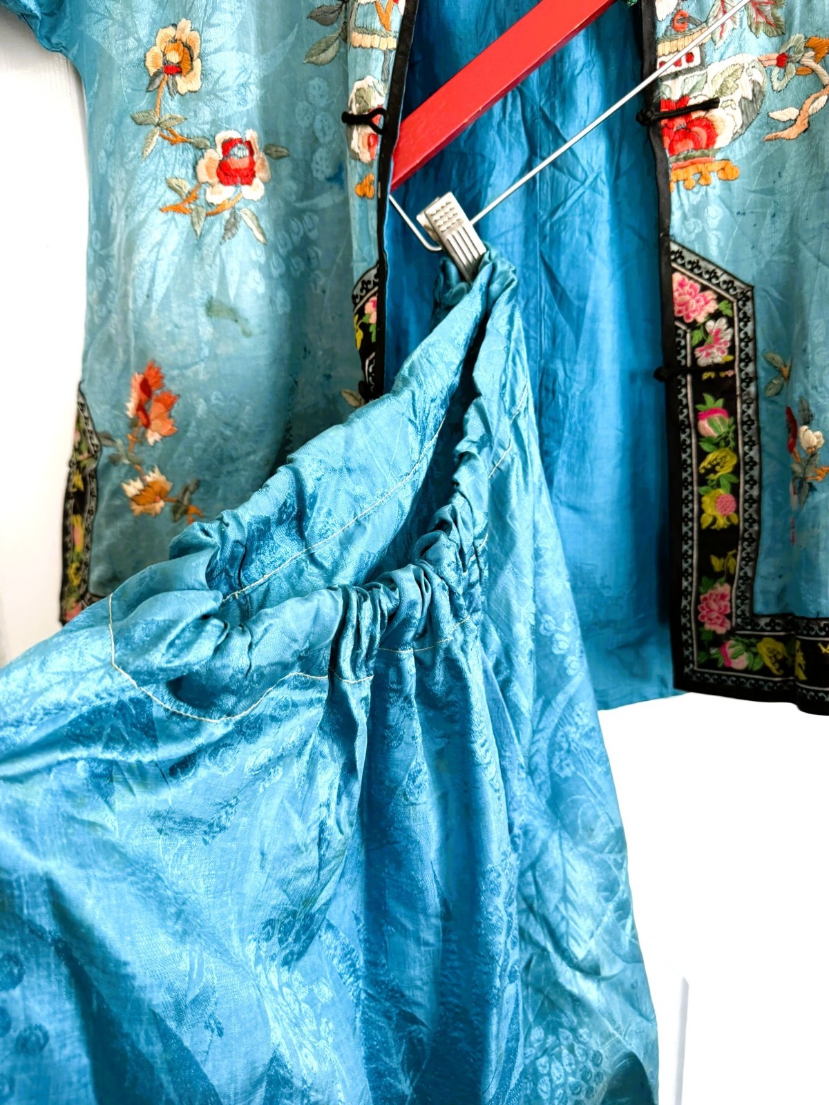 1920s 2pc Chinese Silk Satin Embroidered Blue and Peach Floral Robe Pants Set