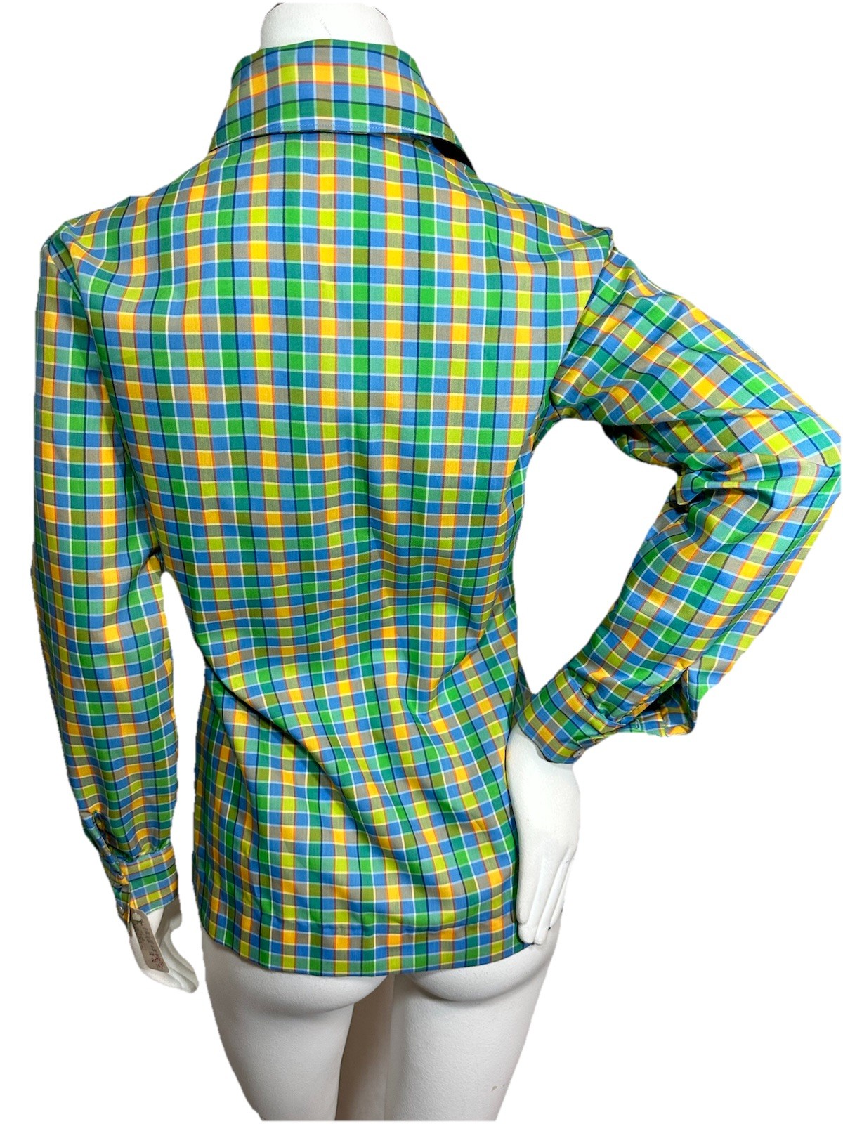 VTG 70s Hippie Evan-Picone Blouse Pointy Collar Green Plaid Cotton Sz 8 NWT