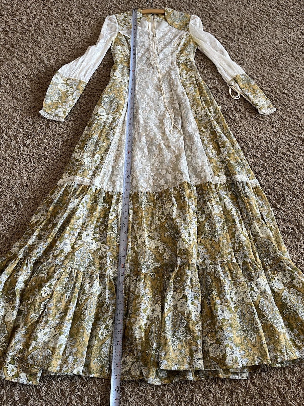 Vintage Floral Green Tan Floral Lace No Tags Prairie Maxi Dress