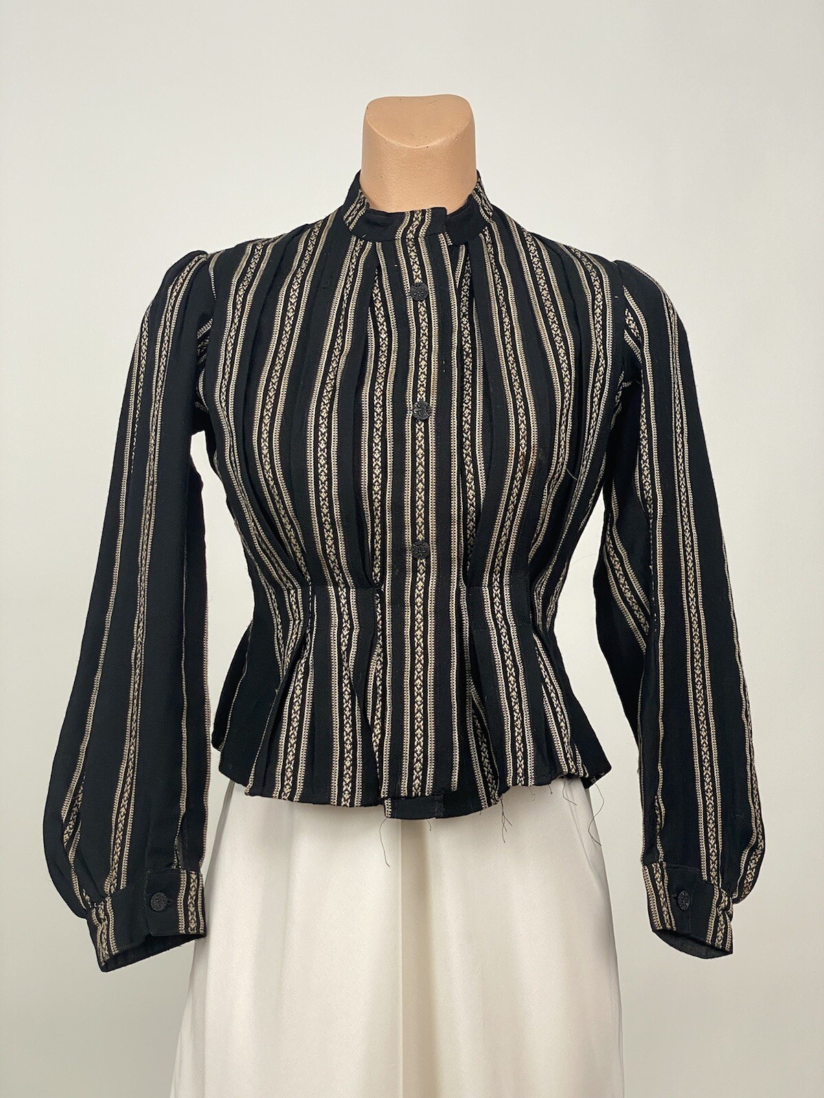 Antique Victorian Black and White Striped Woven Wool Jacket Cotton Lining AS IS