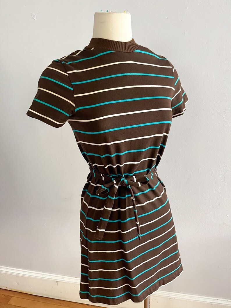 1960s Chocolate Brown Micro Mini Dress Stripe belted by Bobbie Brooks