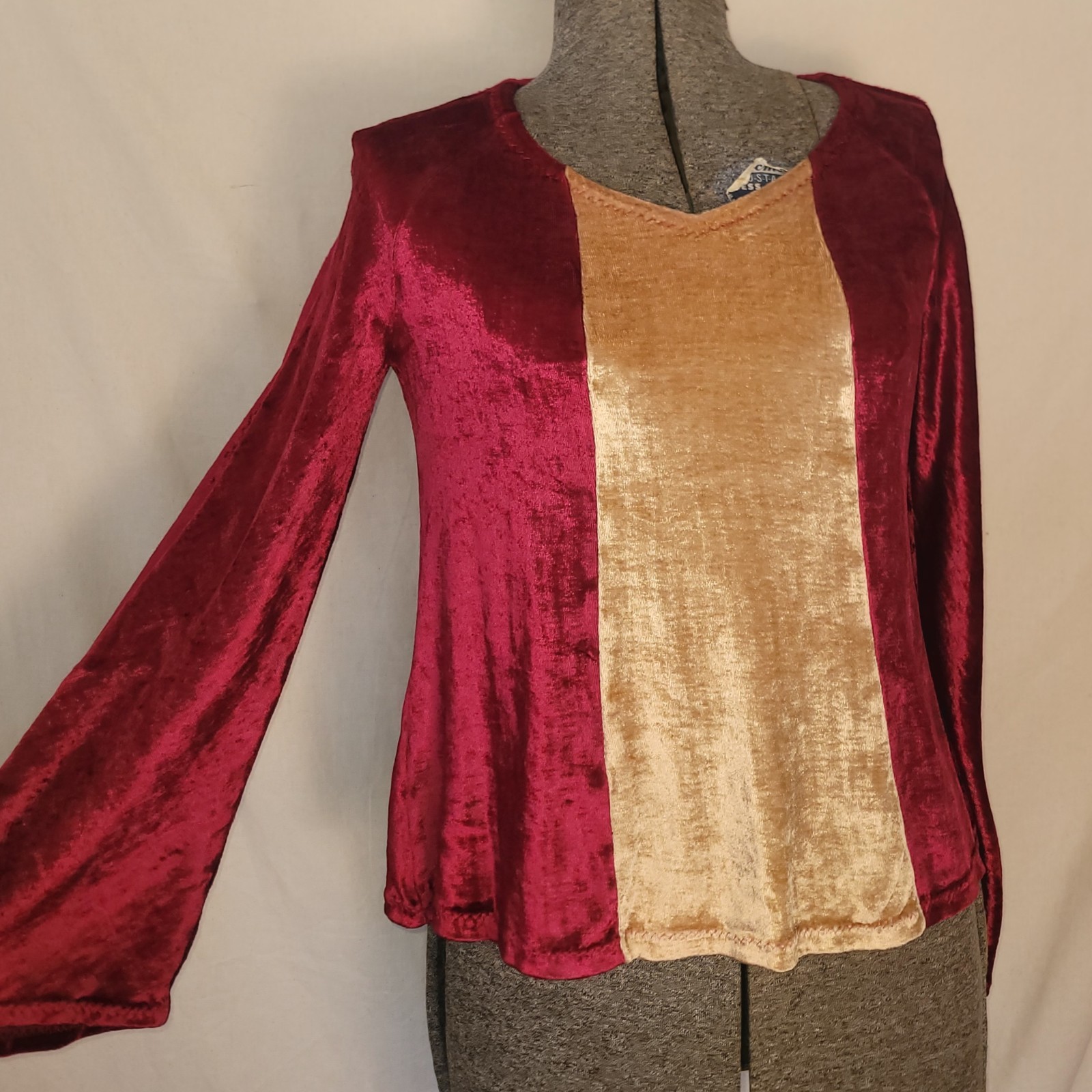 Vintage 70s Renaissance Fair Top Velvet Red Gold Flare Sleeve Romantic Size S/M