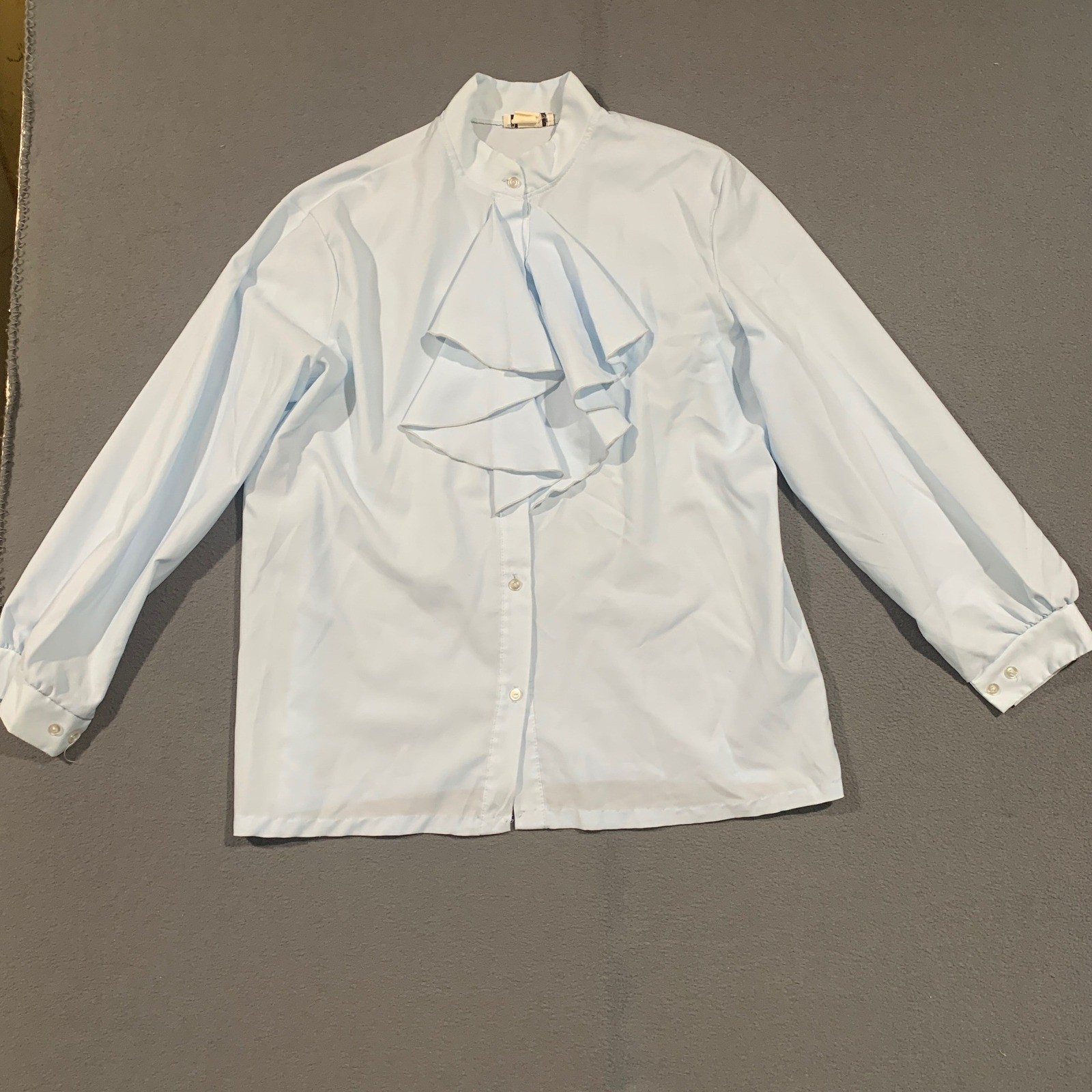 PEM Classics Blouse Women Large Blue Ruffle Jabot Mock Neck Vintage Regencycore