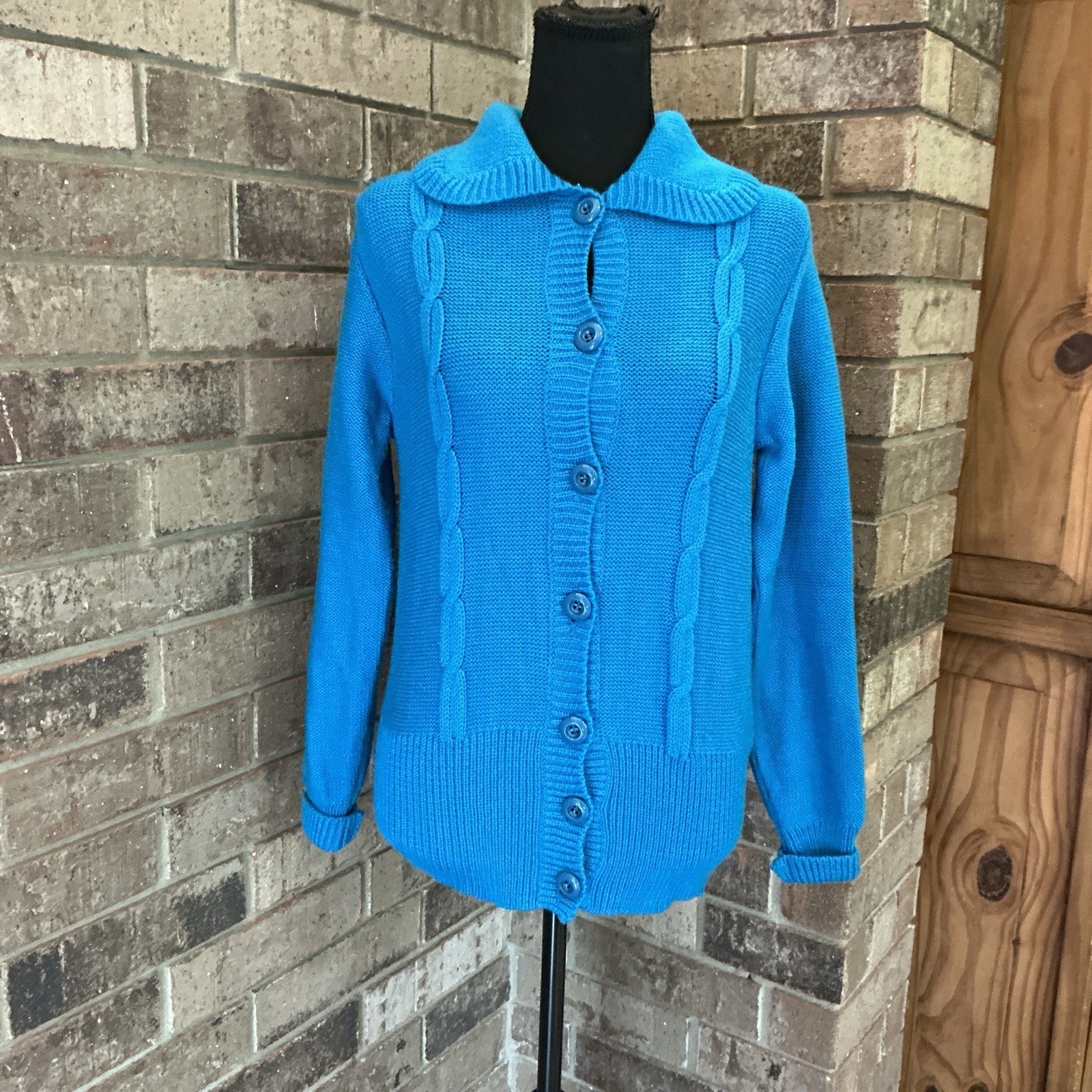 60s VTG Gino Paoli Italy Made Cable Knit Cardigan Wool Teal Blue Size 12 #56E5