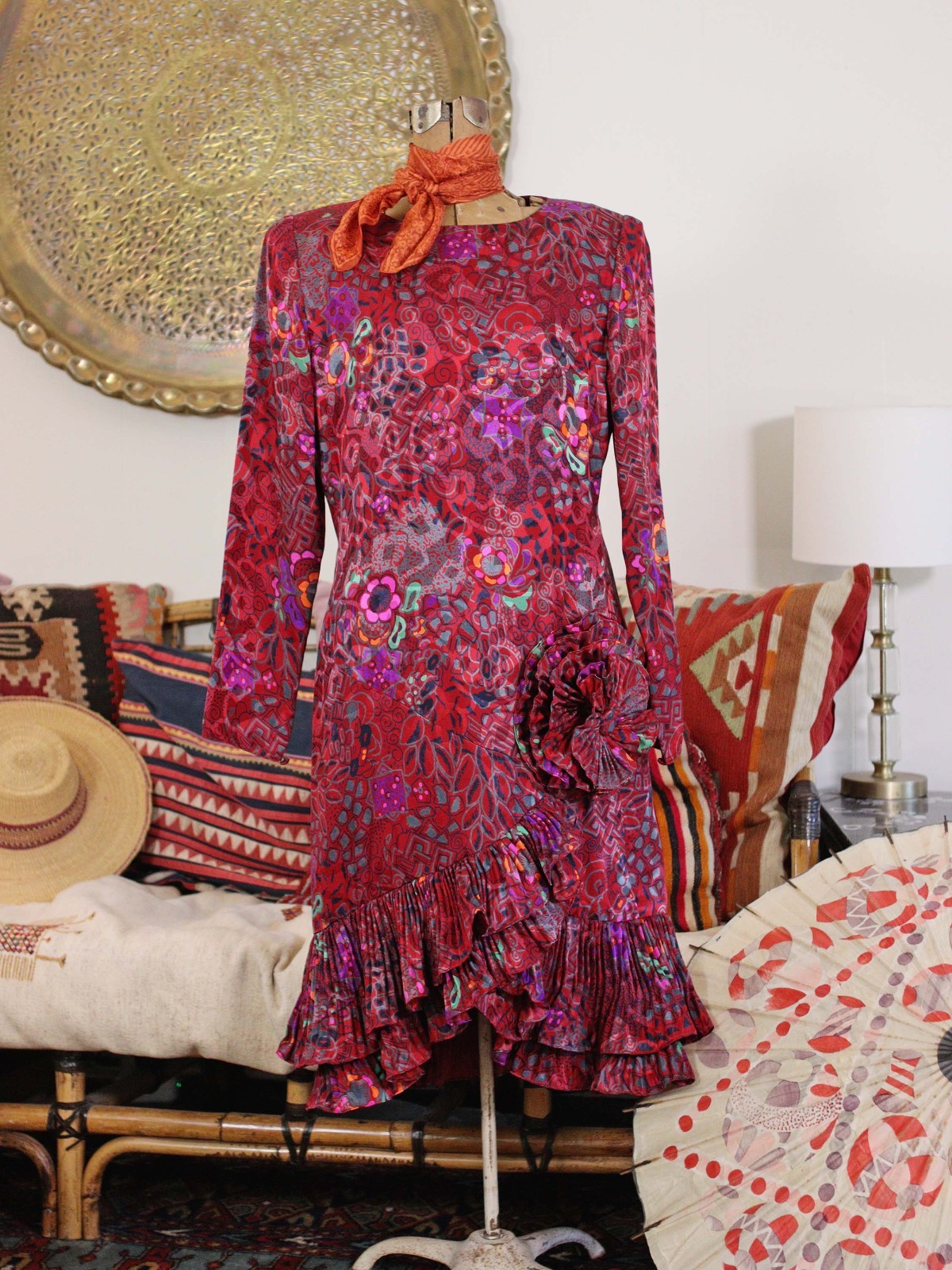 VTG Raul Blanco Red Printed Silk Designer Accordion Pleated Party Evening Dress