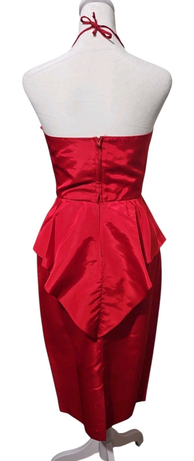 Vtg 80s Contempo Casuals Red Acetate Peplum Bow Cocktail Glam Party Dress XS