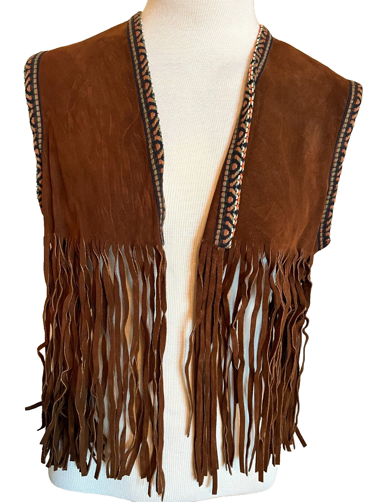 Vintage Leather Suede Vest Womens Small Fringe Brown Boho Festival Western Hippy