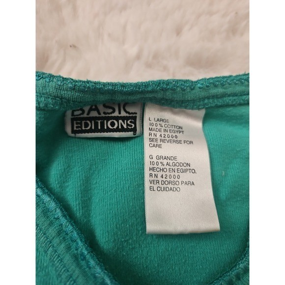 Basic Editions Vintage Teal Green V-Neck T-Shirt Large 100% Cotton Boxy Y2K