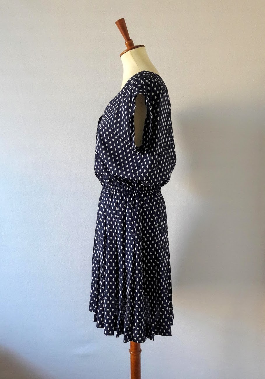 1980s Navy Blue and White Diamond Print Satin Midi Dress