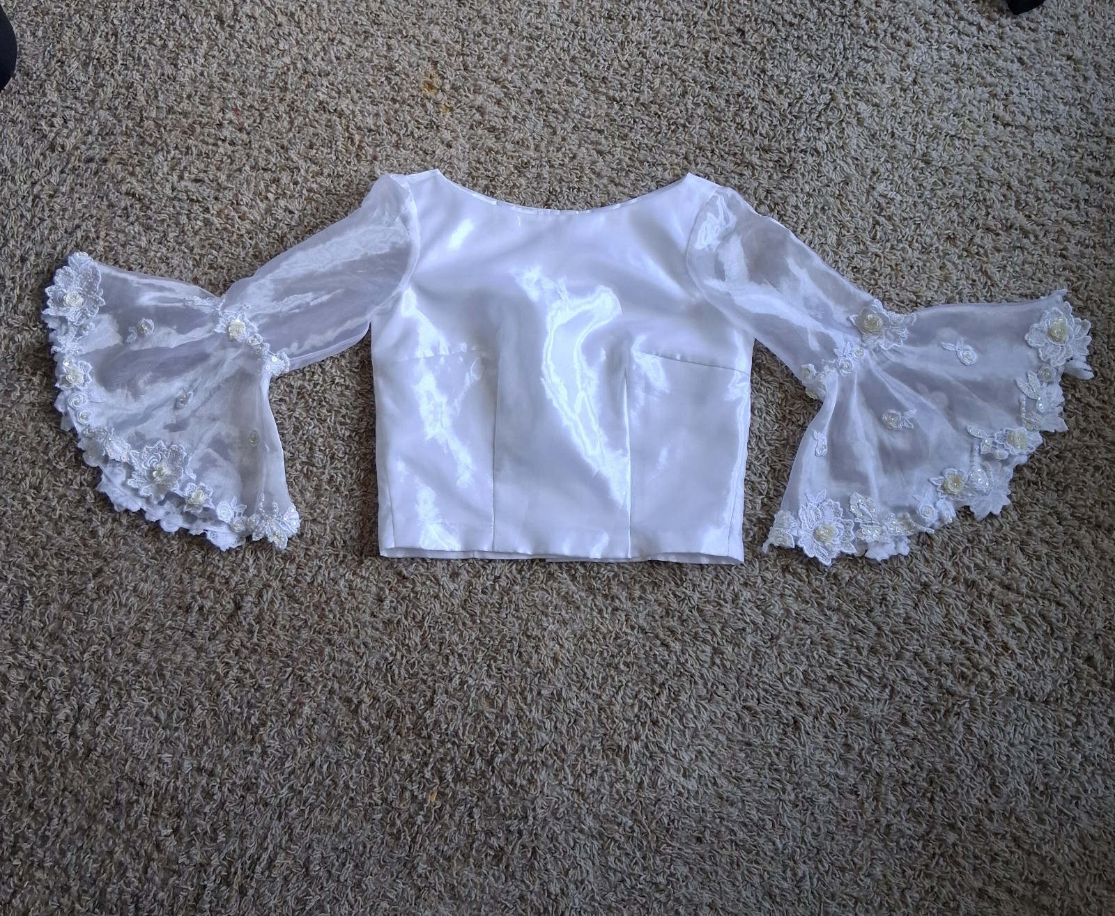 Vintage Fairycore White Satin Top Beaded Sheer Bell Sleeve Angelcore Bridal Y2K