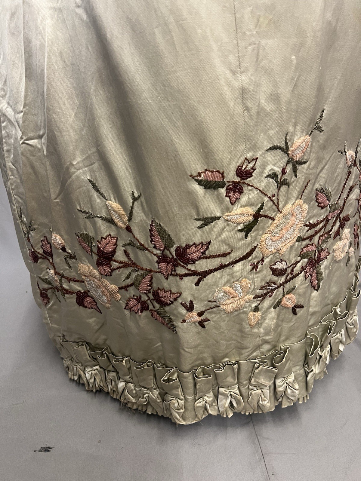 1880’s Light Celery Green Silk Bustle Skirt – Heavy Embroidered & Beaded Florals