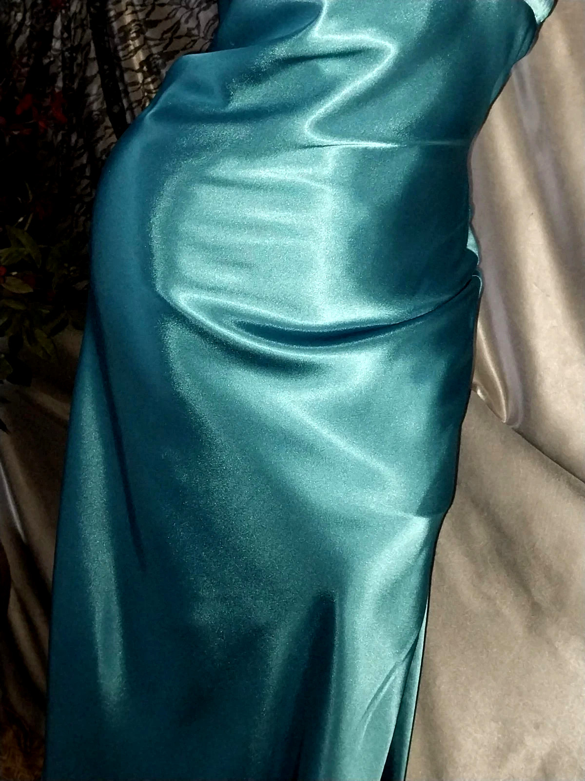 VTG SATIN SHINY BOMBSHELL LIQUID LACE UP RUCHED MAXI GLAM GOWN DRESS TALL S NEW