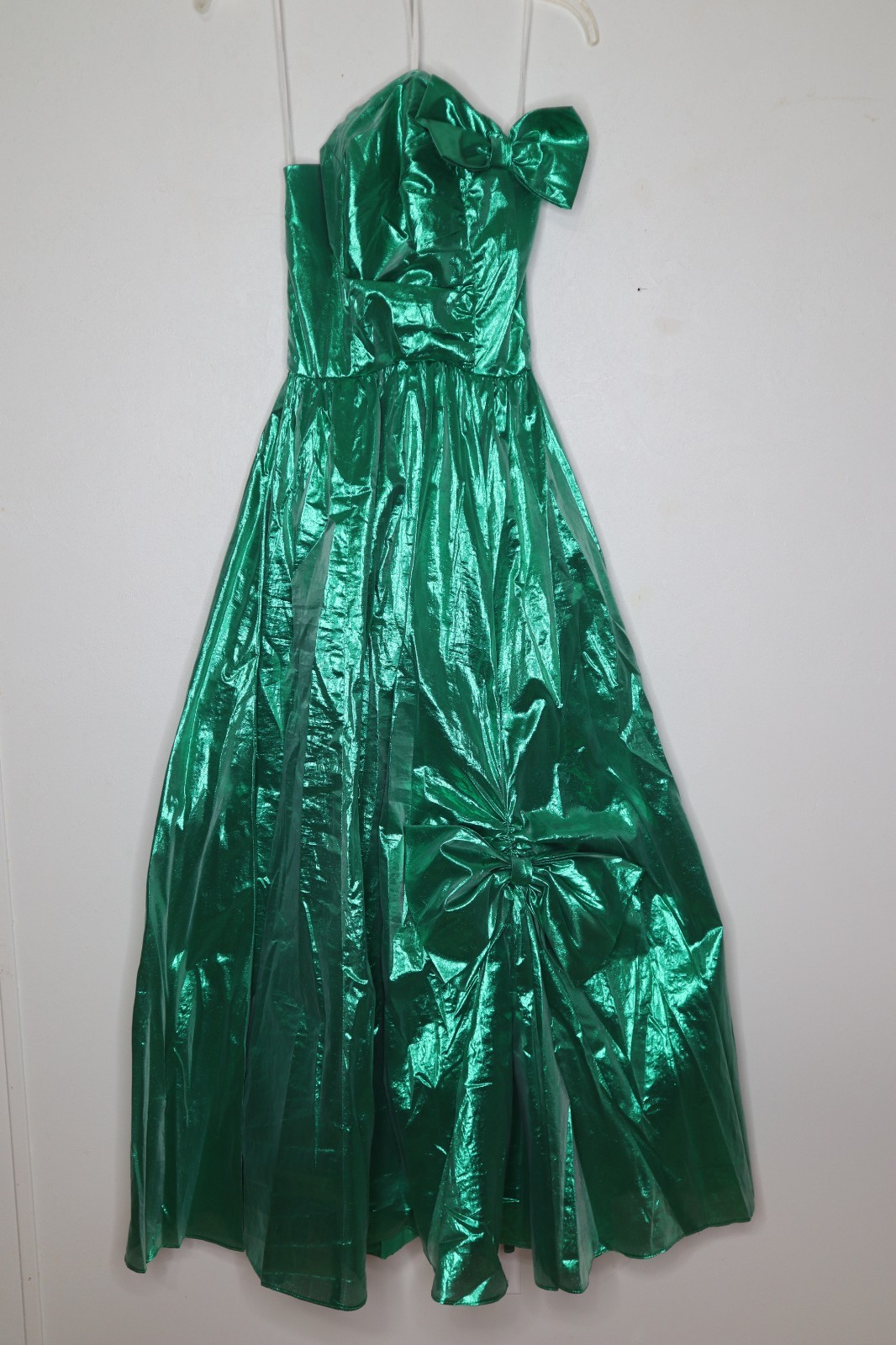 Vintage 80s 90s Green Metallic Prom Party Dress Pageant Bow Strapless Small