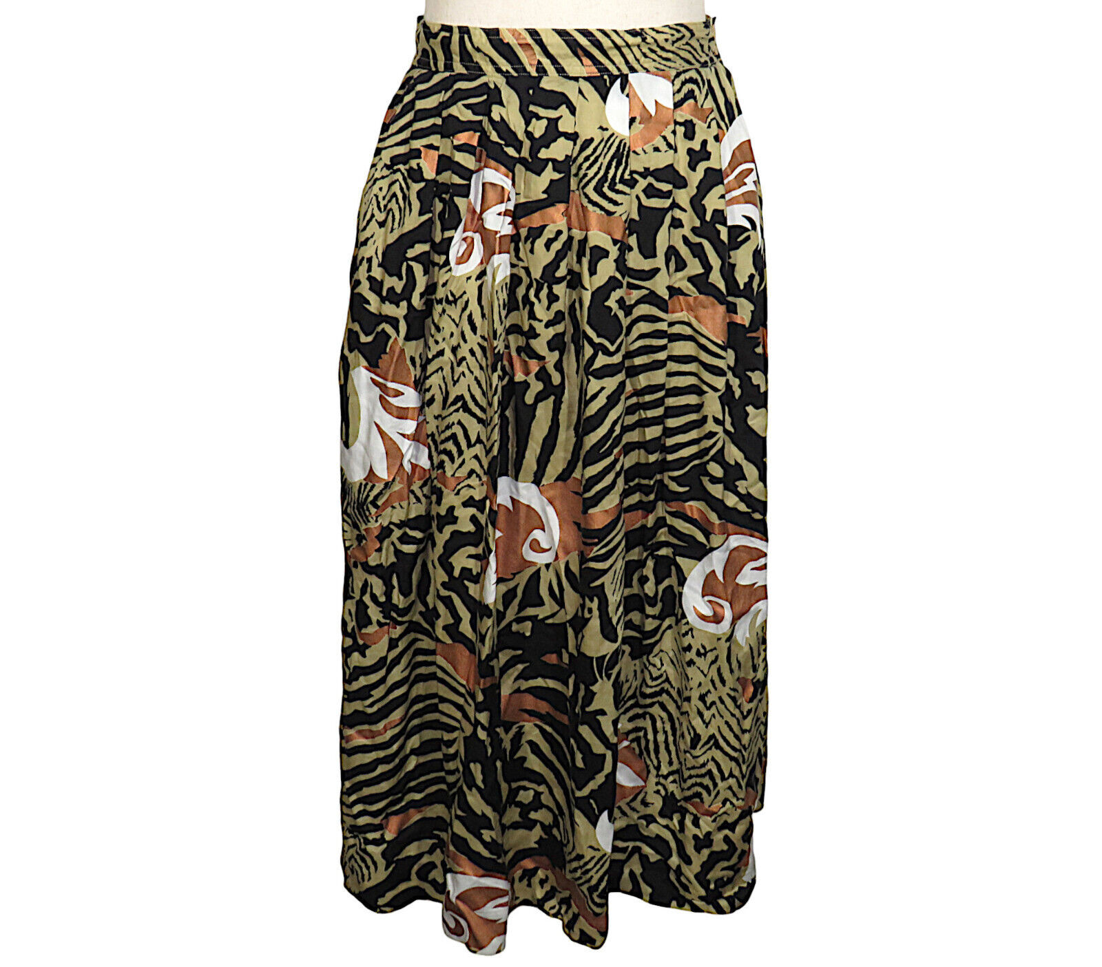 Vintage Segue White Tan Copper Abstract Animal Print Side Button Midi Skirt Sz 8