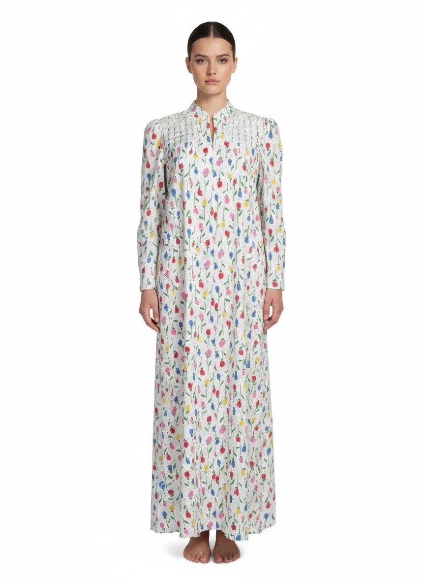 VTG 70s David Brown Saks Fifth Avenue White Floral 1/4 Zip House lounge Dress