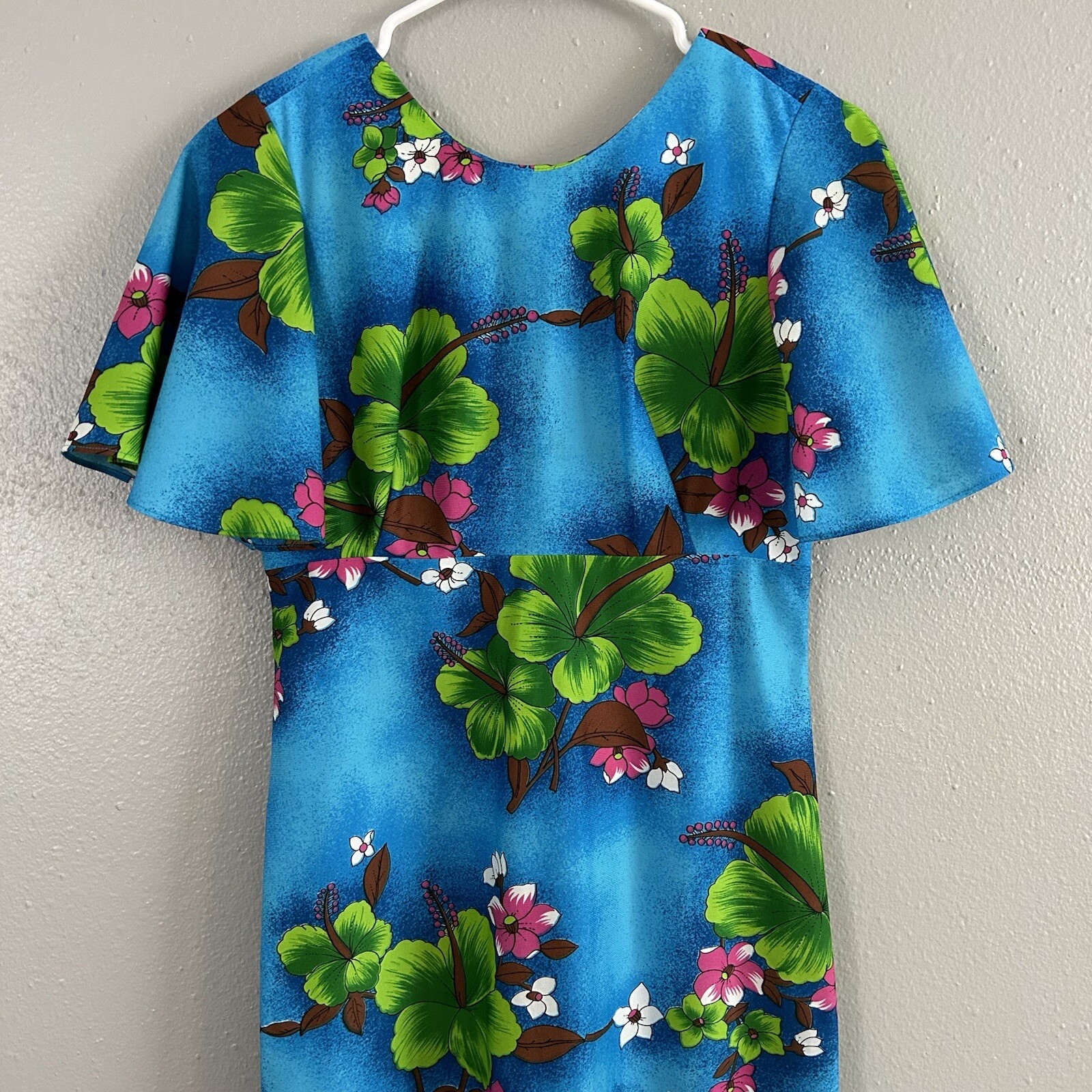 Vintage Hukilau Fashions Blue Green Floral Long Maxi Dress Sz 10 Hawaiian 1970s