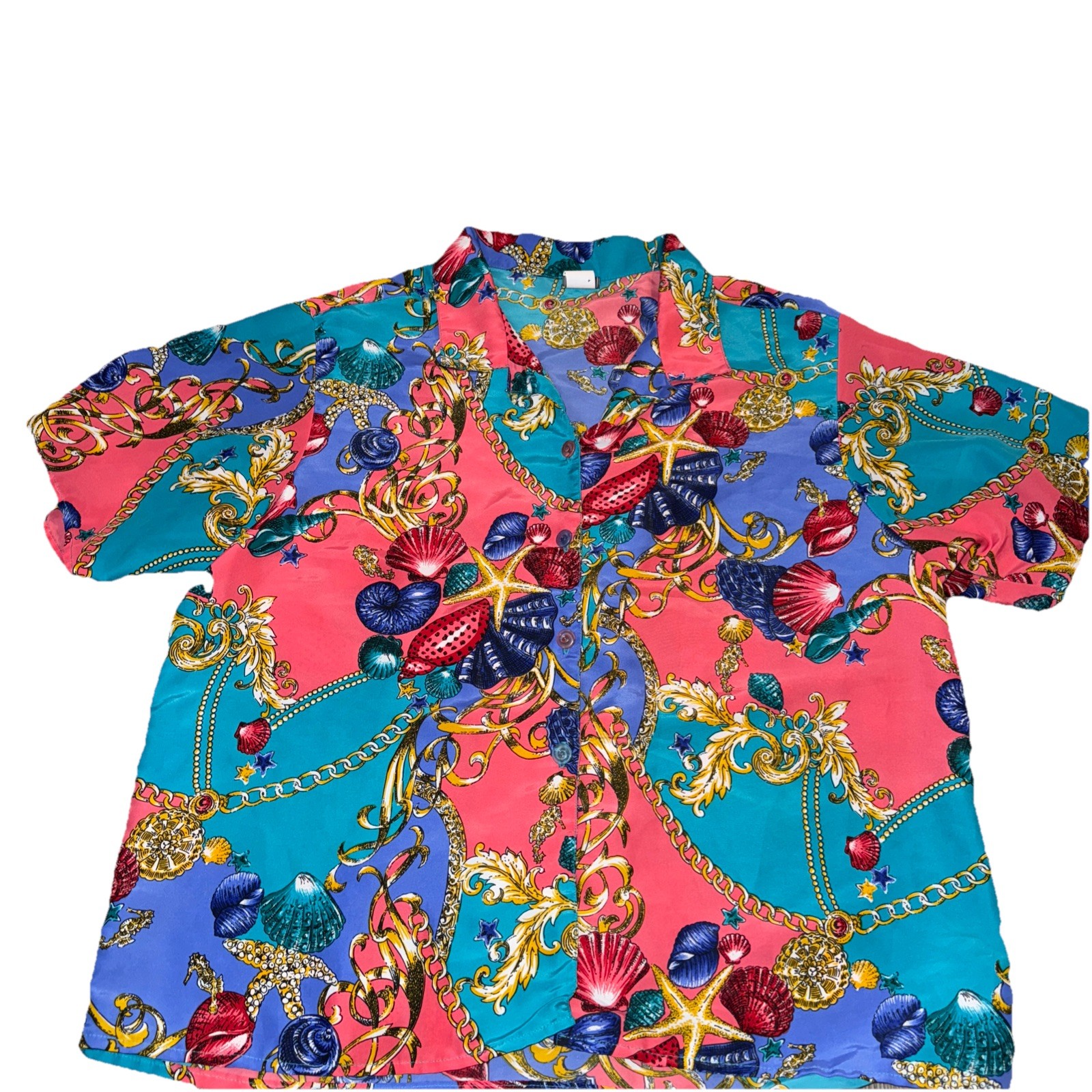 Vintage 80s Eva Silky Blouse Button Up Sea Shells Golden Treasure Size 15/16 XL