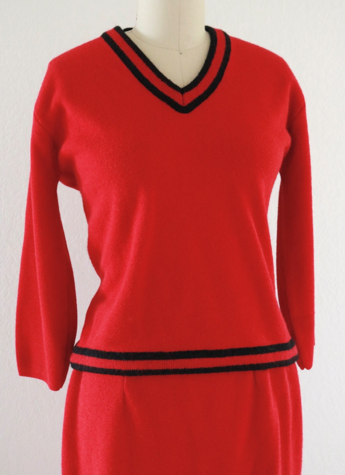 True Vintage 60s Red 2 Piece Sweater Skirt Set Double Knit by Lansing Sz S