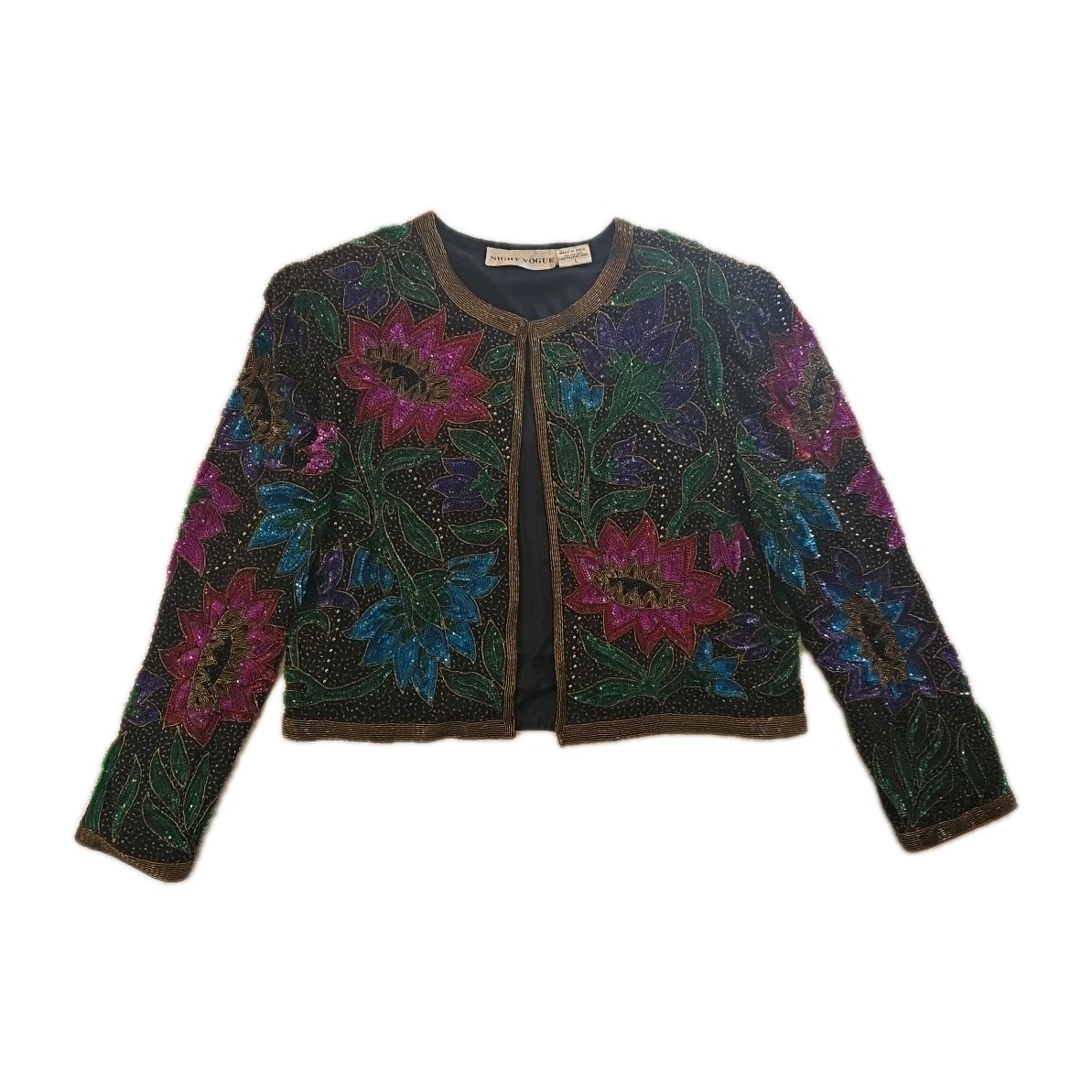 Vintage Beaded And Sequin Night Vogue Floral 100% Silk Jacket – Size L