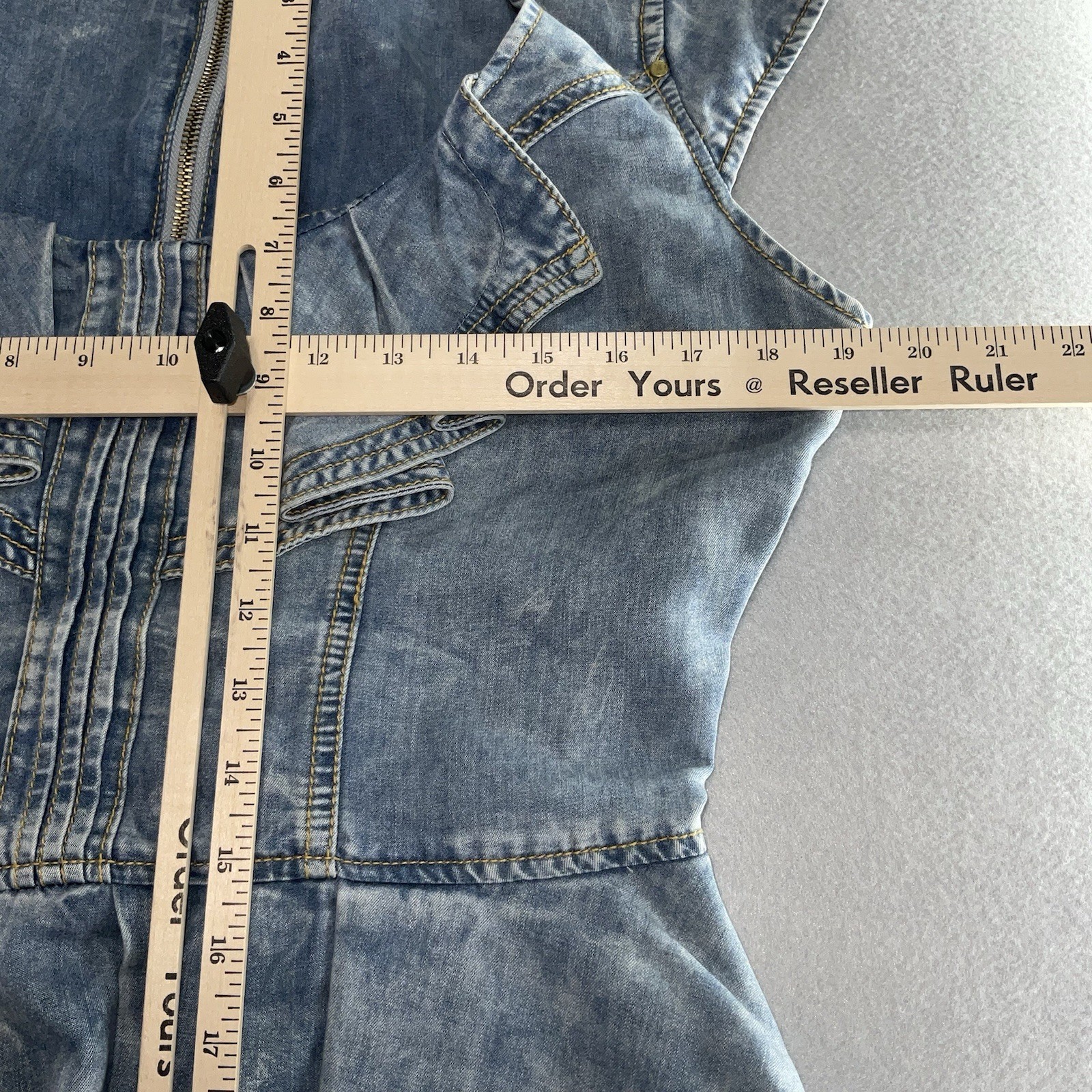 80s Vintage XOXO Denim Peplum Dress Acid Washed Cap Sleeves Ruffles Retro Rocker
