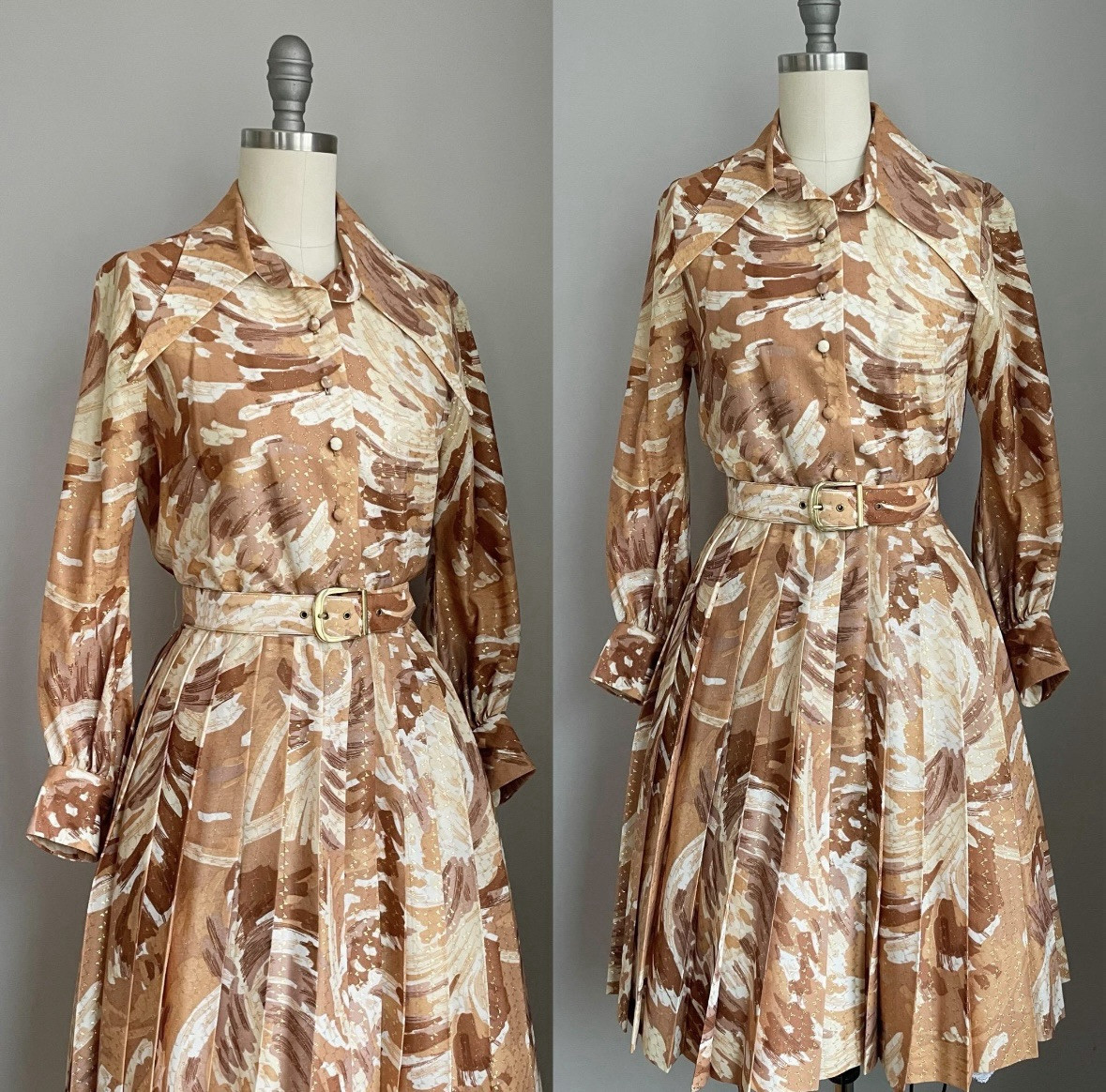Vintage 70’s Domani Knits Dagger Collar Abstract Copper & Gold Metallic Dress S