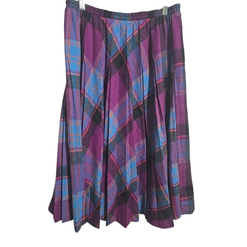 Vintage Wall St West Purple Plaid Wool Blend Pleated A-Line Skirt Womans Size 30