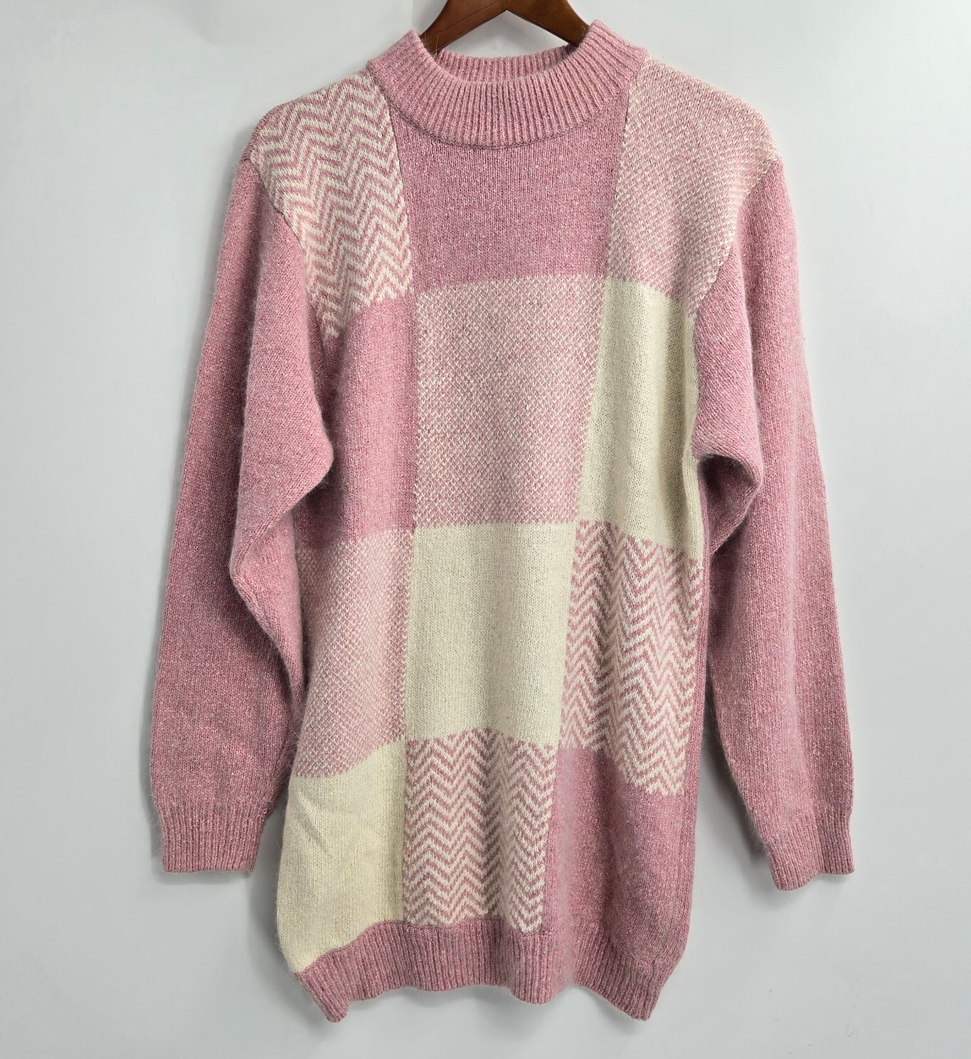 Segue Sweater Woman’s Medium Patchwork Silk Angora Pink Soft Knit VTG 80’s