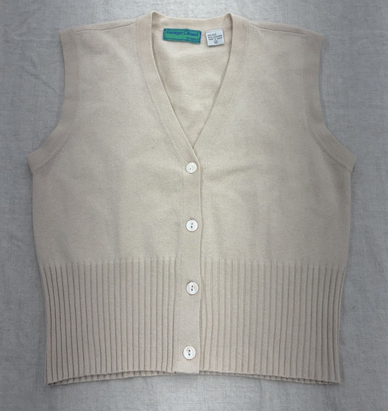 Vintage Silk Cashmere Sweater Vest Beige Button Up Women’s Size M