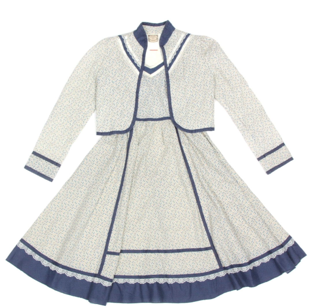 Vintage GUNNE SAX Ditsy Floral Cream Blue Lace Side 2 Piece Dress Jacket Dress